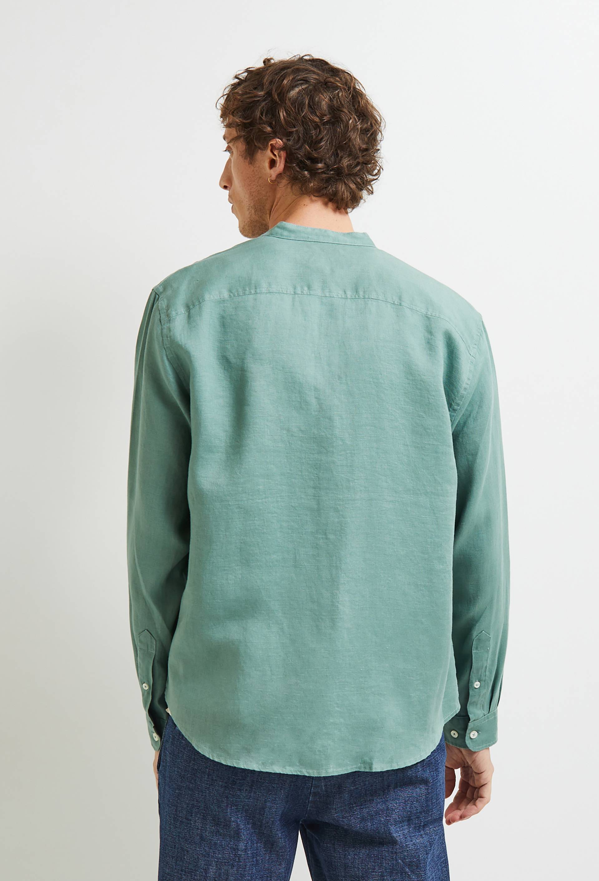 Chemise manches longues col mao en lin, Vert, large image number 1.0