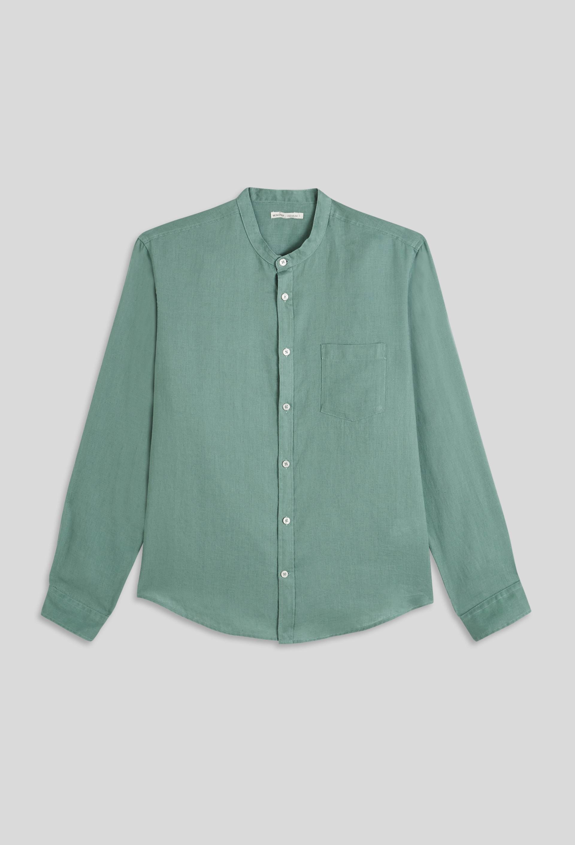 Chemise manches longues col mao en lin, Vert, large image number 2.0