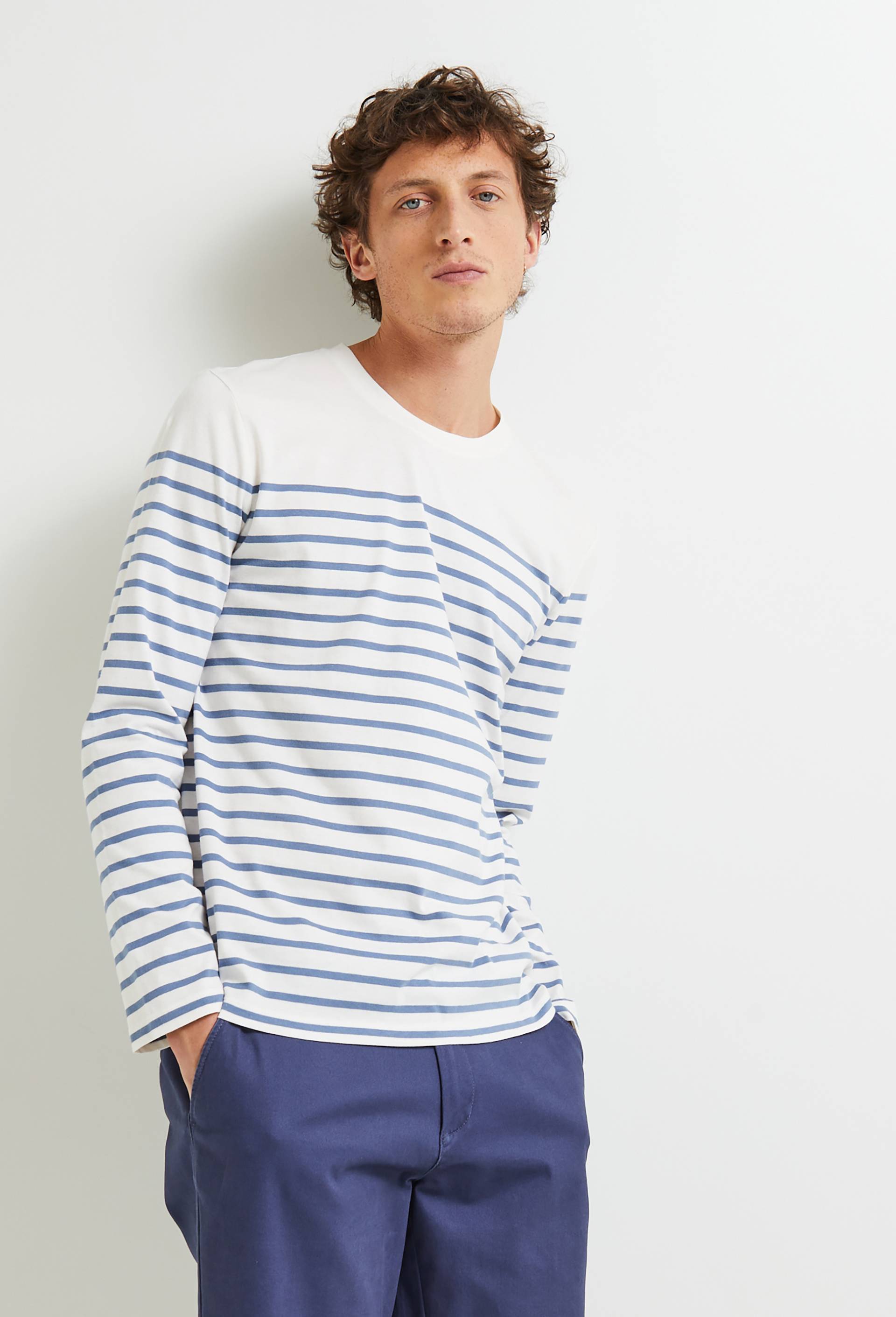 T-shirt col rond manches longues marinière en coton BIO GOTS, Bleu, large image number 0