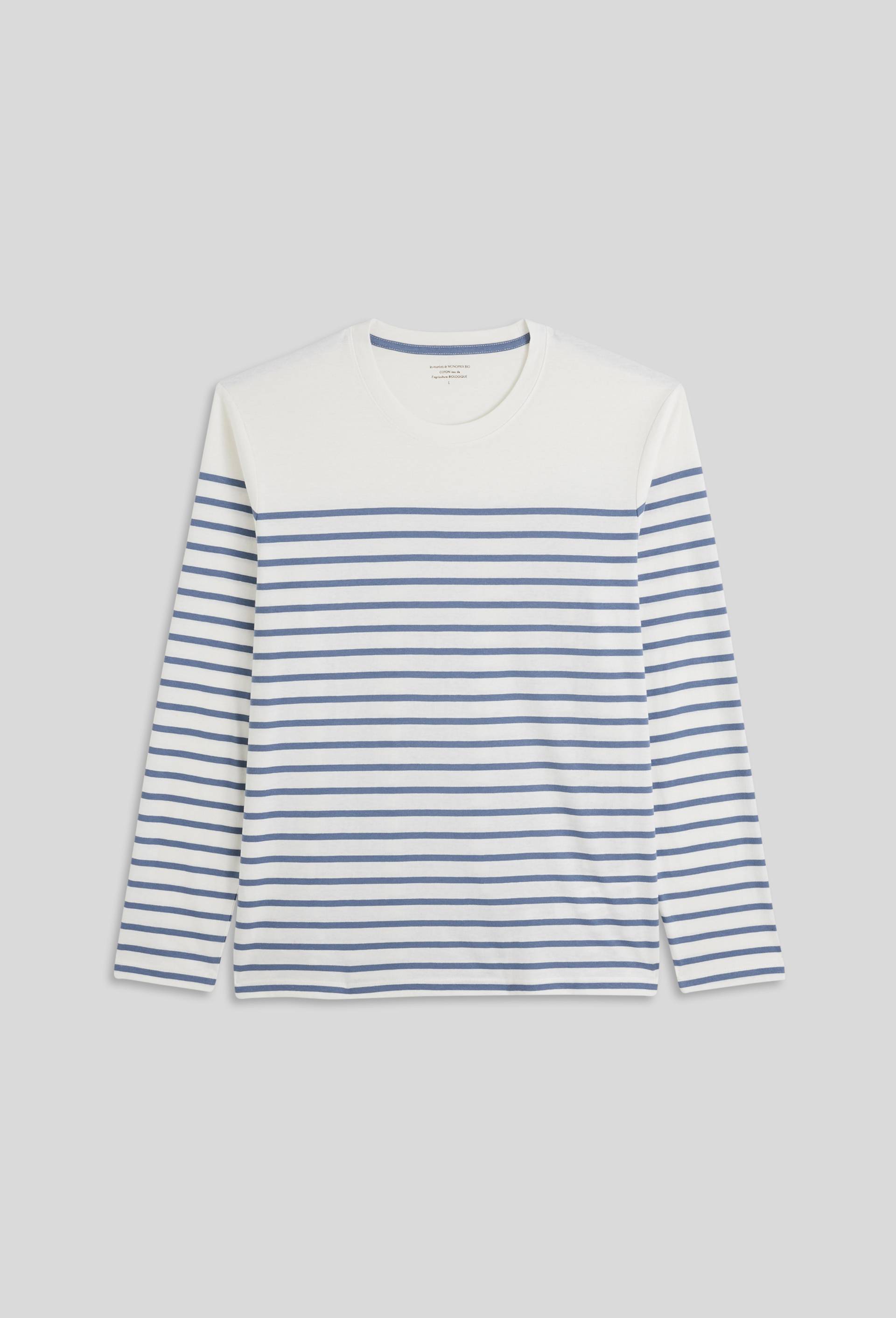 T-shirt col rond manches longues marinière en coton BIO GOTS, Bleu, large image number 2.0