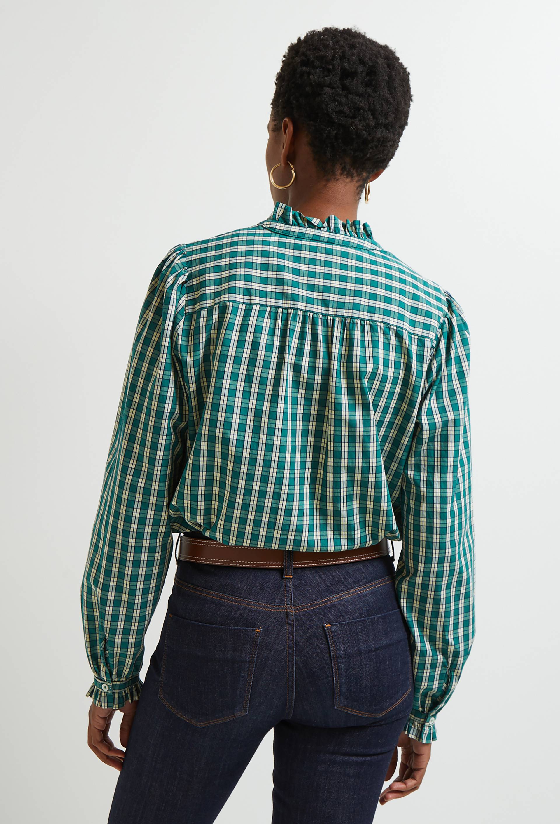 Blouse à carreaux détails volants, Coton BIO, Vert foncé, large image number 1.0