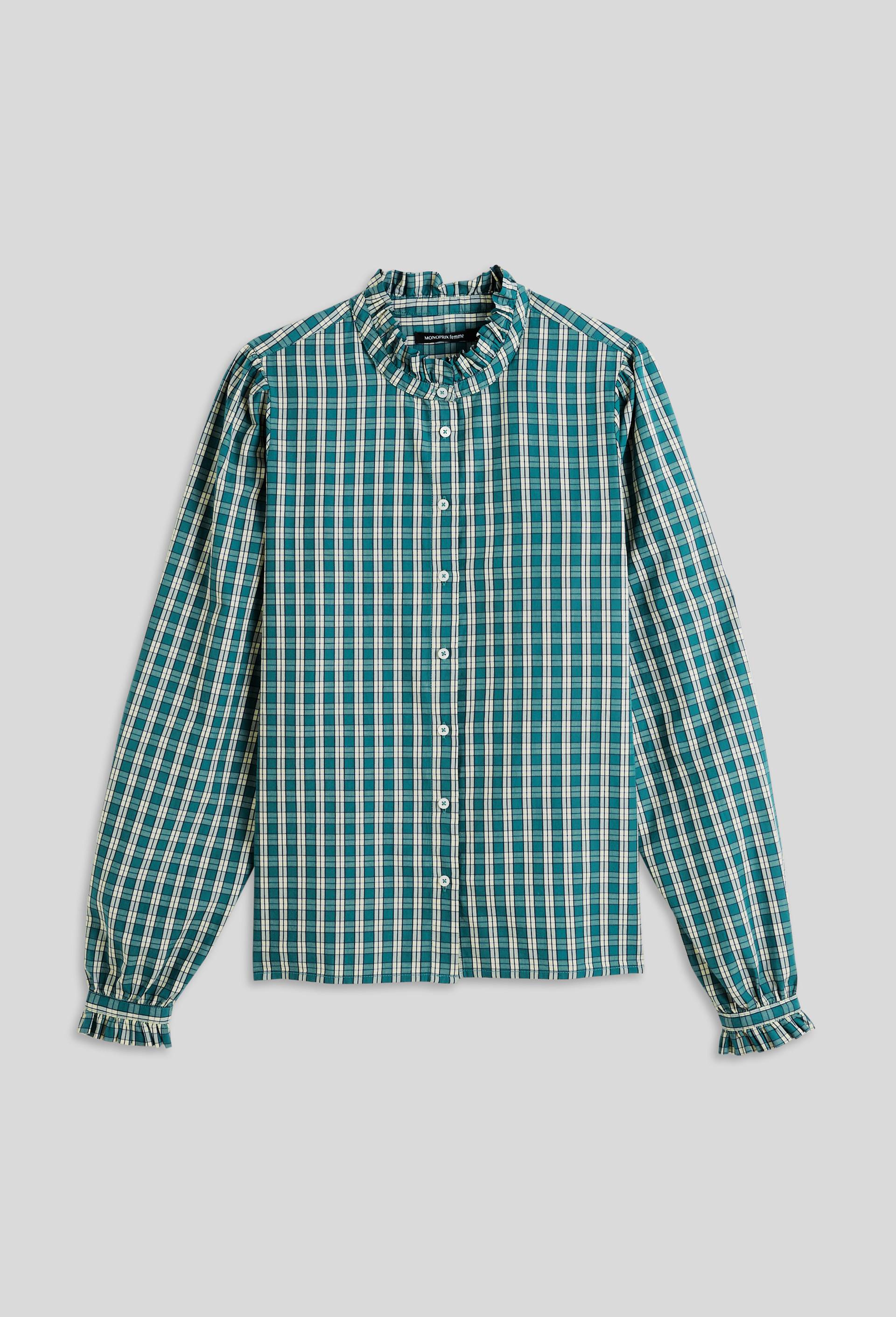 Blouse à carreaux détails volants, Coton BIO, Vert foncé, large image number 2