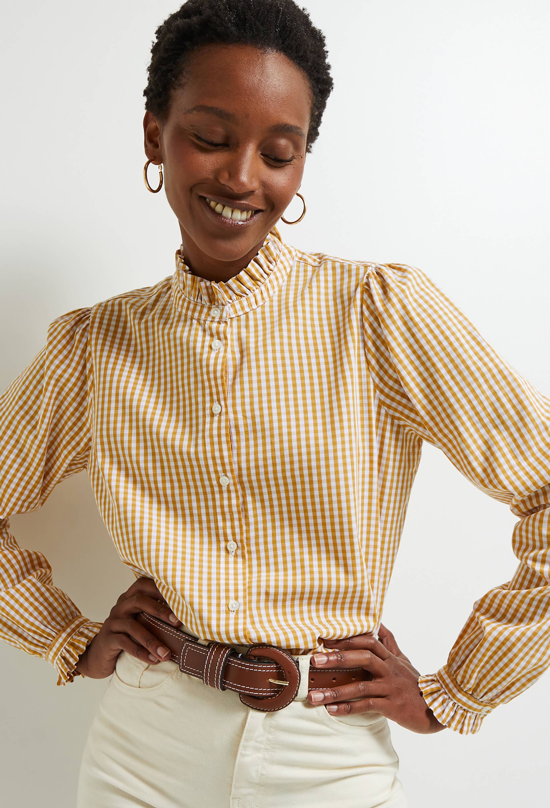 Blouse vichy d&eacute;tails volants, Coton BIO, Jaune fonc&eacute;, large image number 0