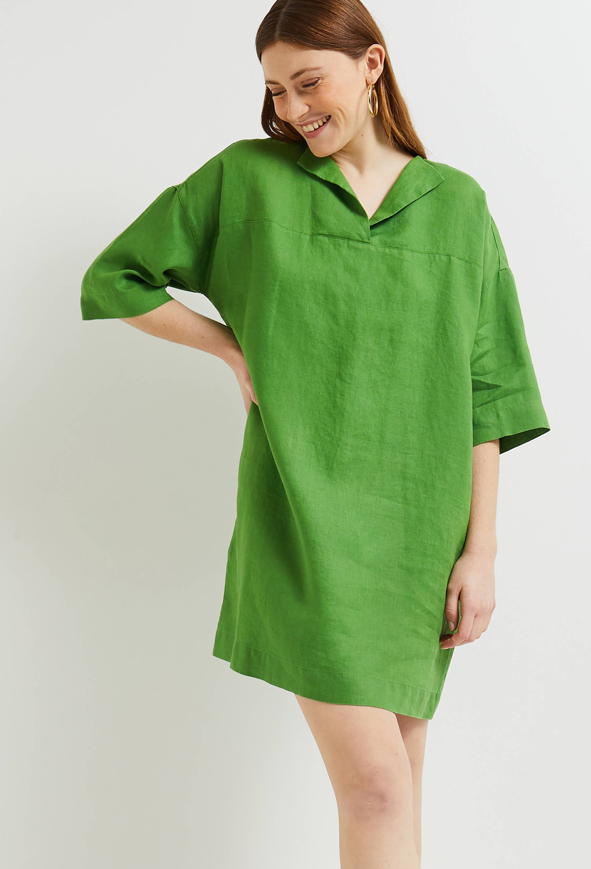 Robe courte col V unie en lin, Vert, large image number 0