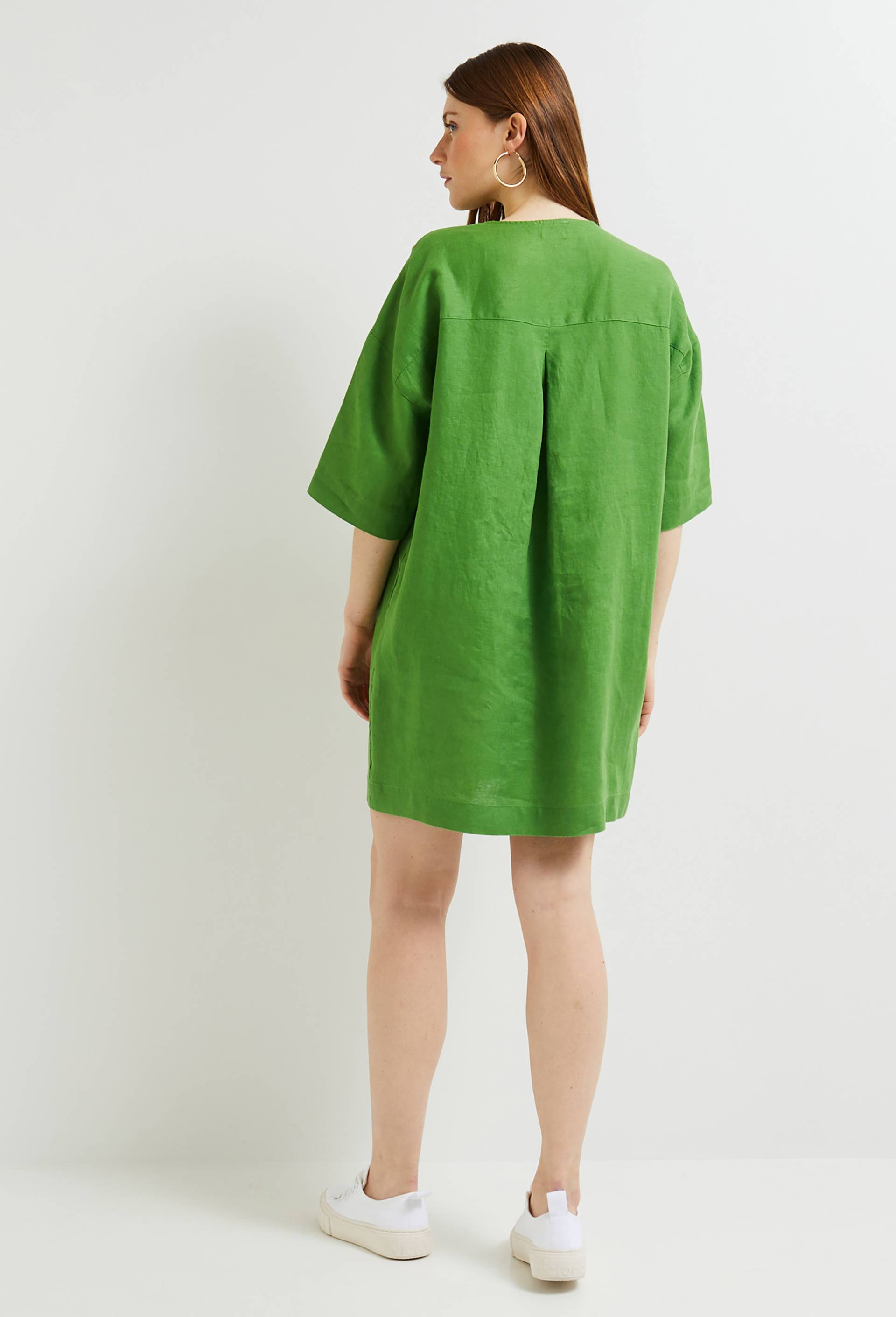 Robe courte col V unie en lin, Vert, large image number 1