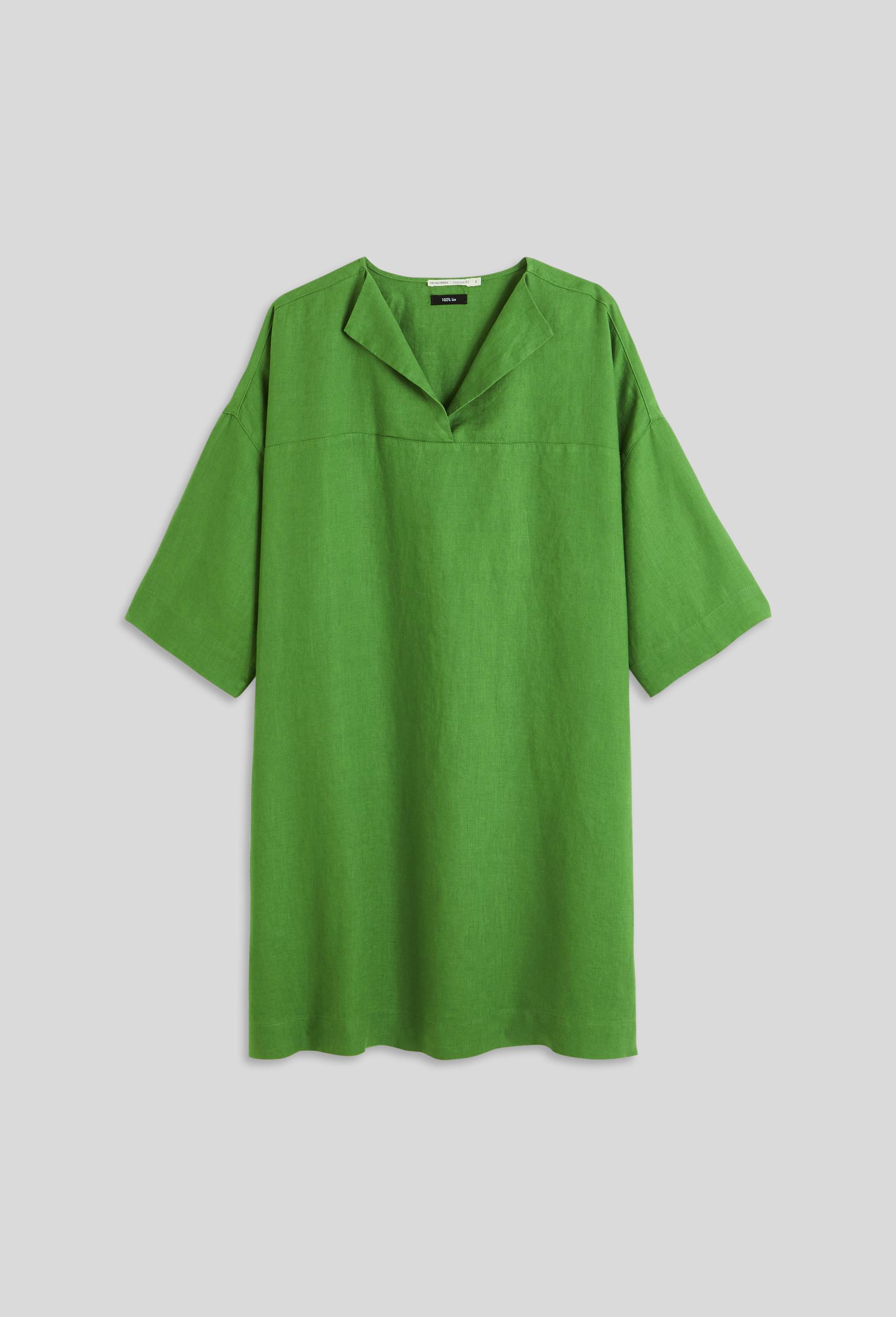 Robe courte col V unie en lin, Vert, large image number 2