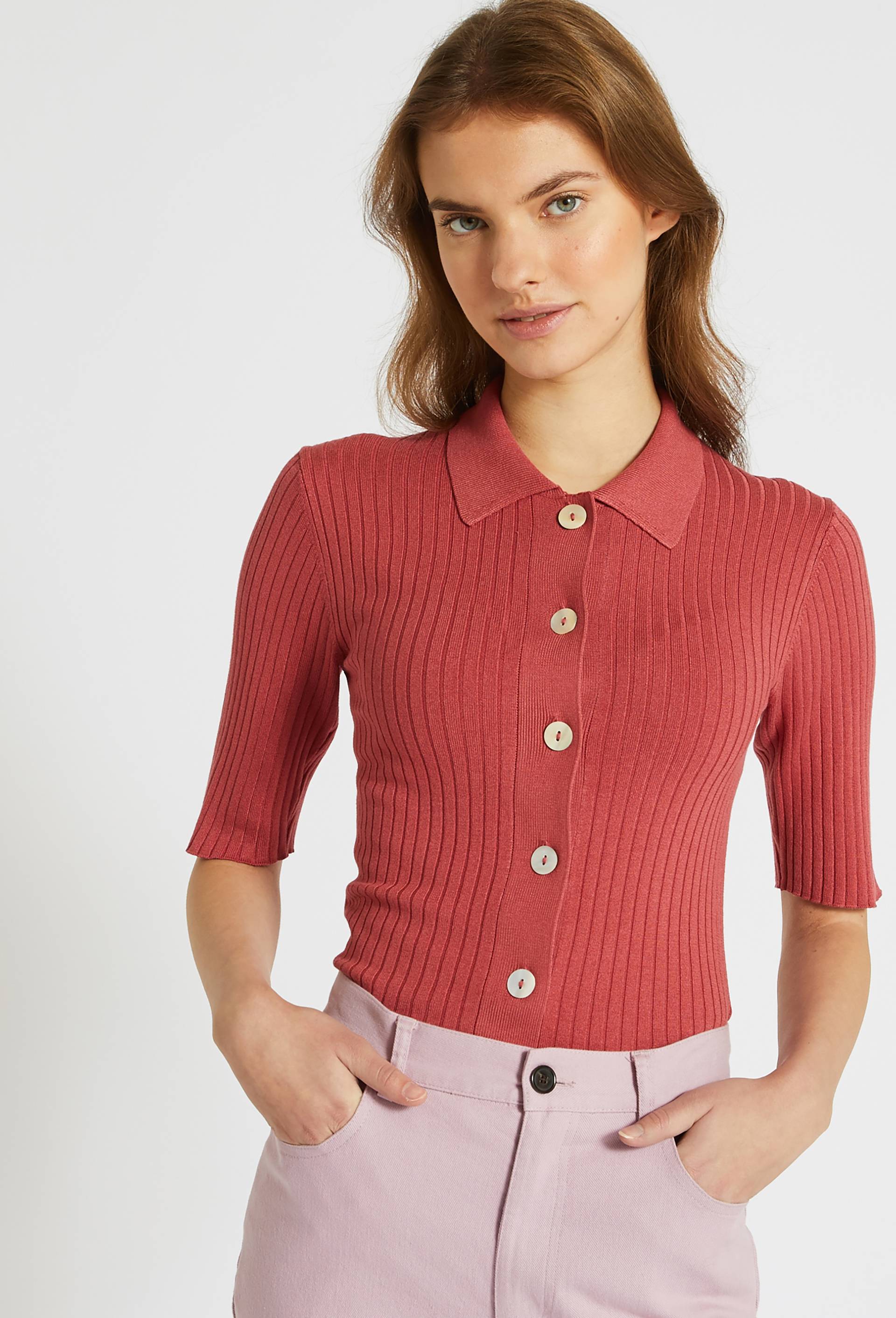 Pull col polo boutonné, contient de la viscose Eco-Vero, Oeko-Tex, Rose foncé, large image number 0.0