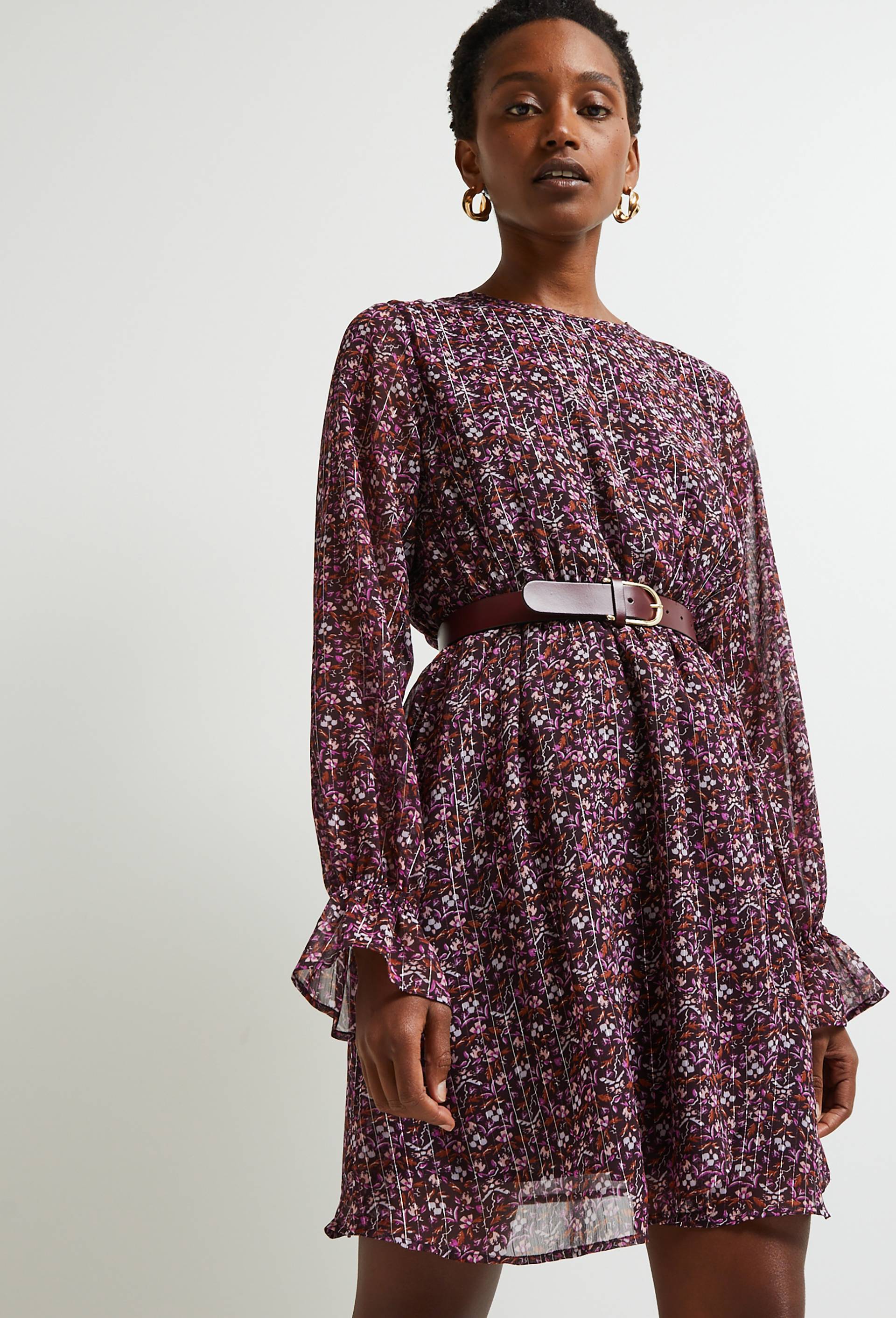 Robe courte cintrée imprimée, Polyester recyclé, Violet foncé, large image number 0