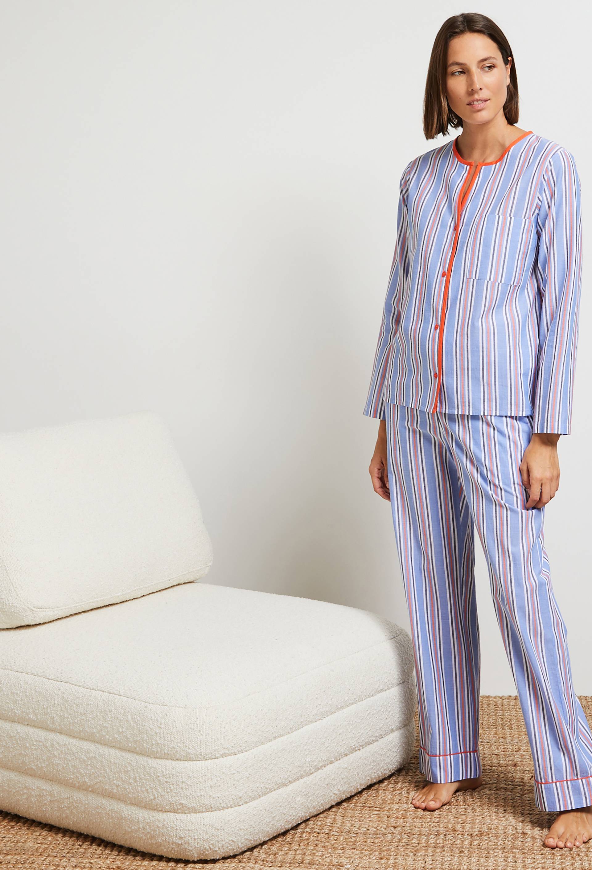 Pyjama en chambray rayé coloré, Bio, Bleu, large image number 0