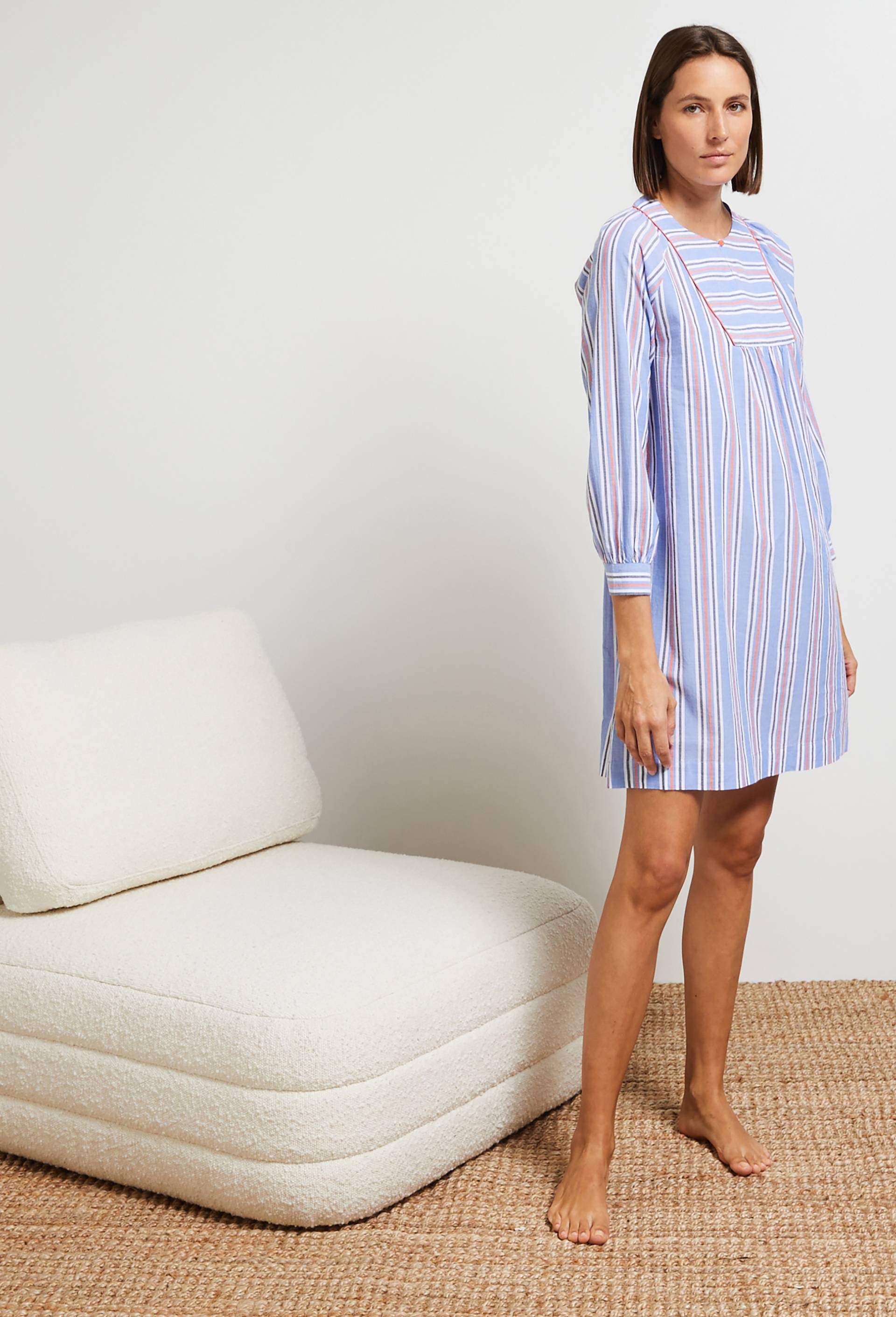 Chemise de nuit en chambray rayé coloré avec plastron, Bio, Bleu, large image number 0