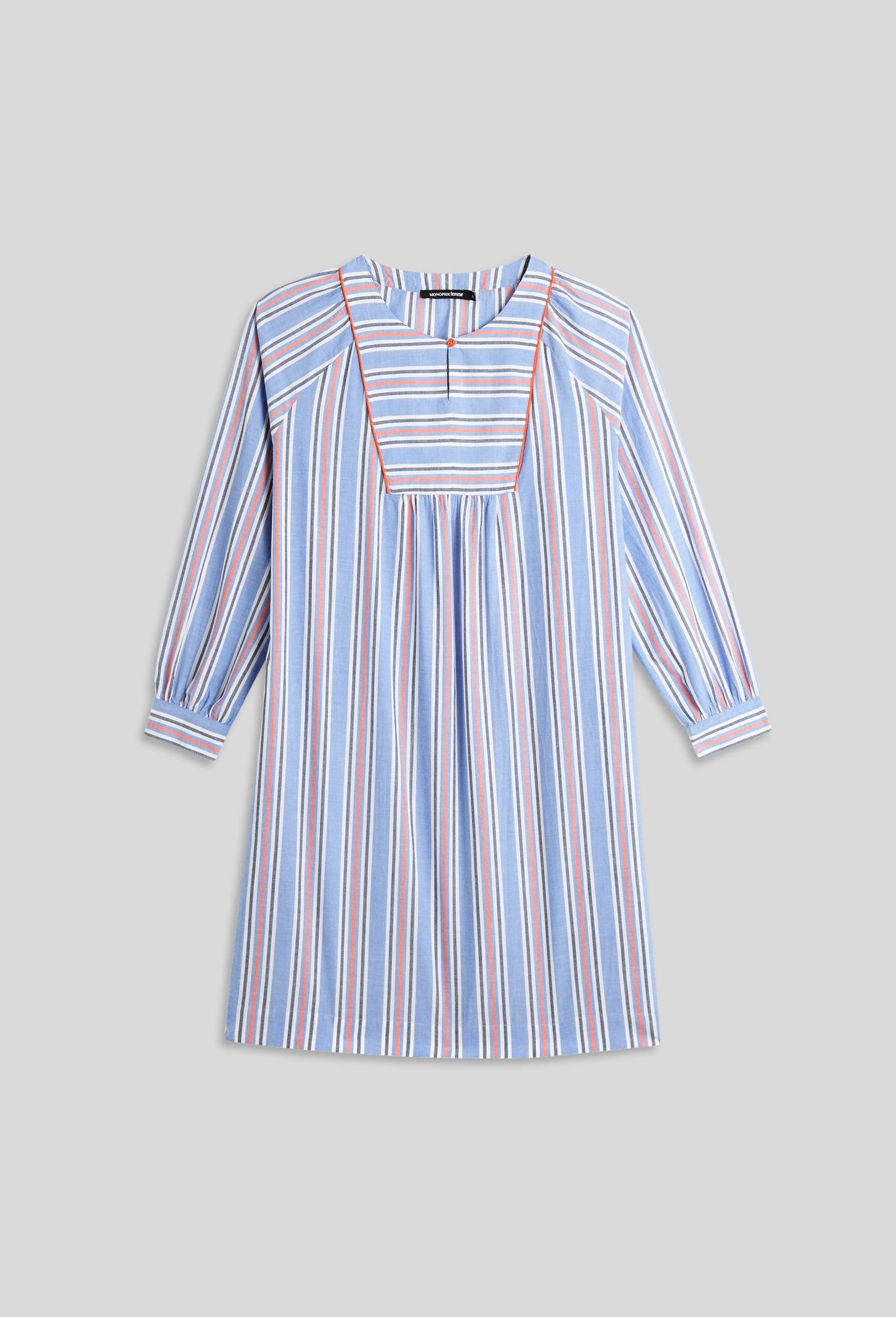 Chemise de nuit en chambray rayé coloré avec plastron, Bio, Bleu, large image number 2