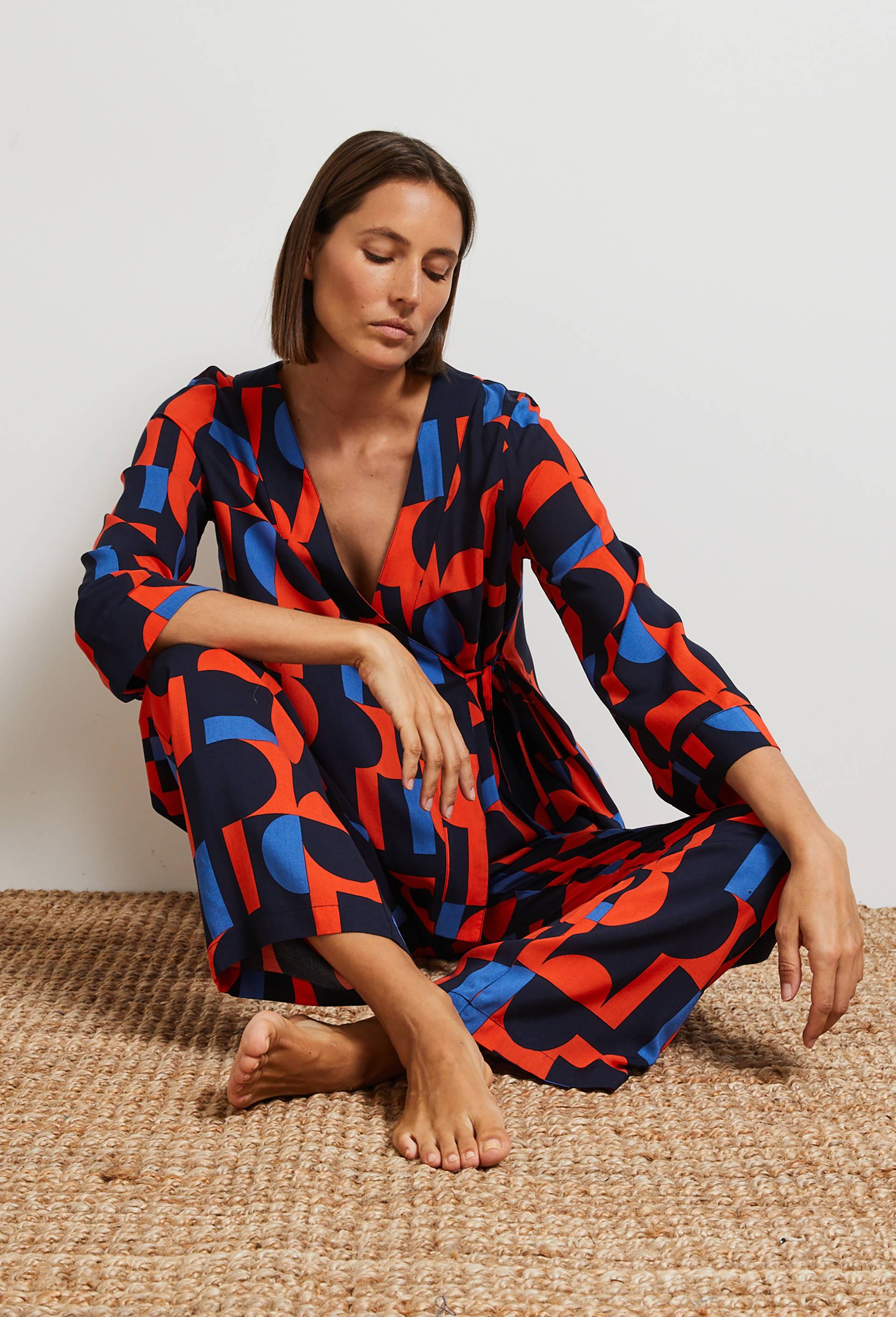 Pyjama kimono imprimé, Ecovero, Bleu foncé, large image number 0