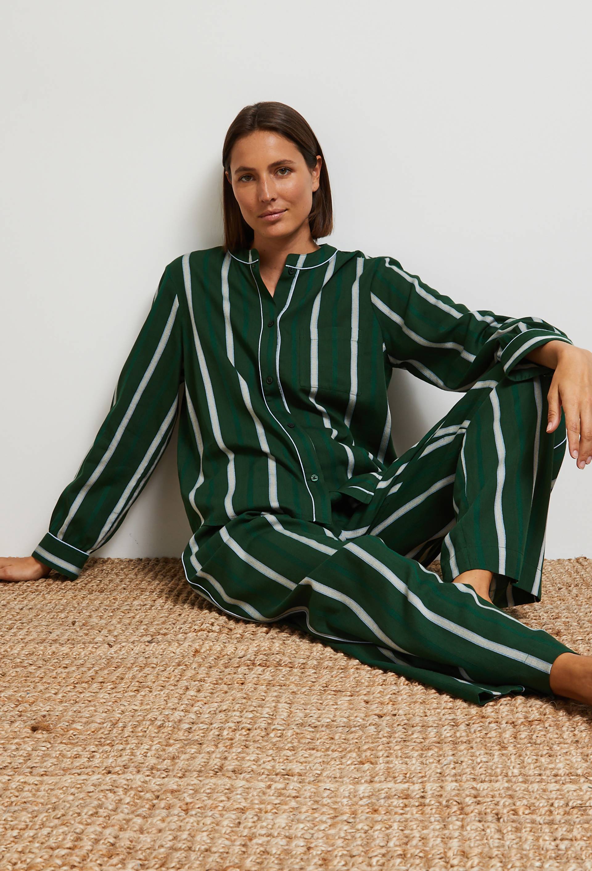 Pyjama à rayures et chevrons en coton et modal, Oeko-Tex, Vert foncé, large image number 0.0