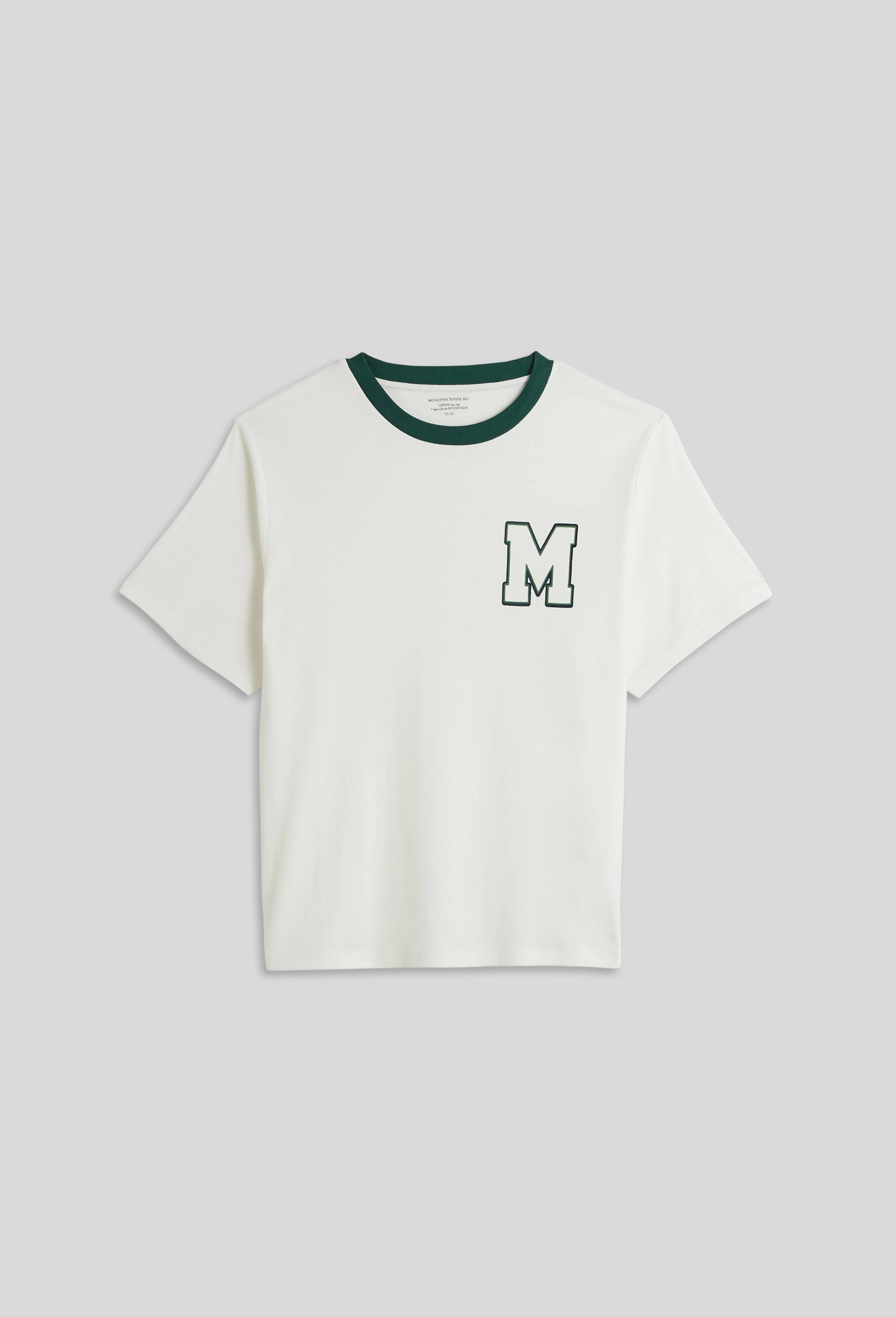 T-shirt col contrasté avec broderie velours en coton, Bio, Ecru, large image number 2