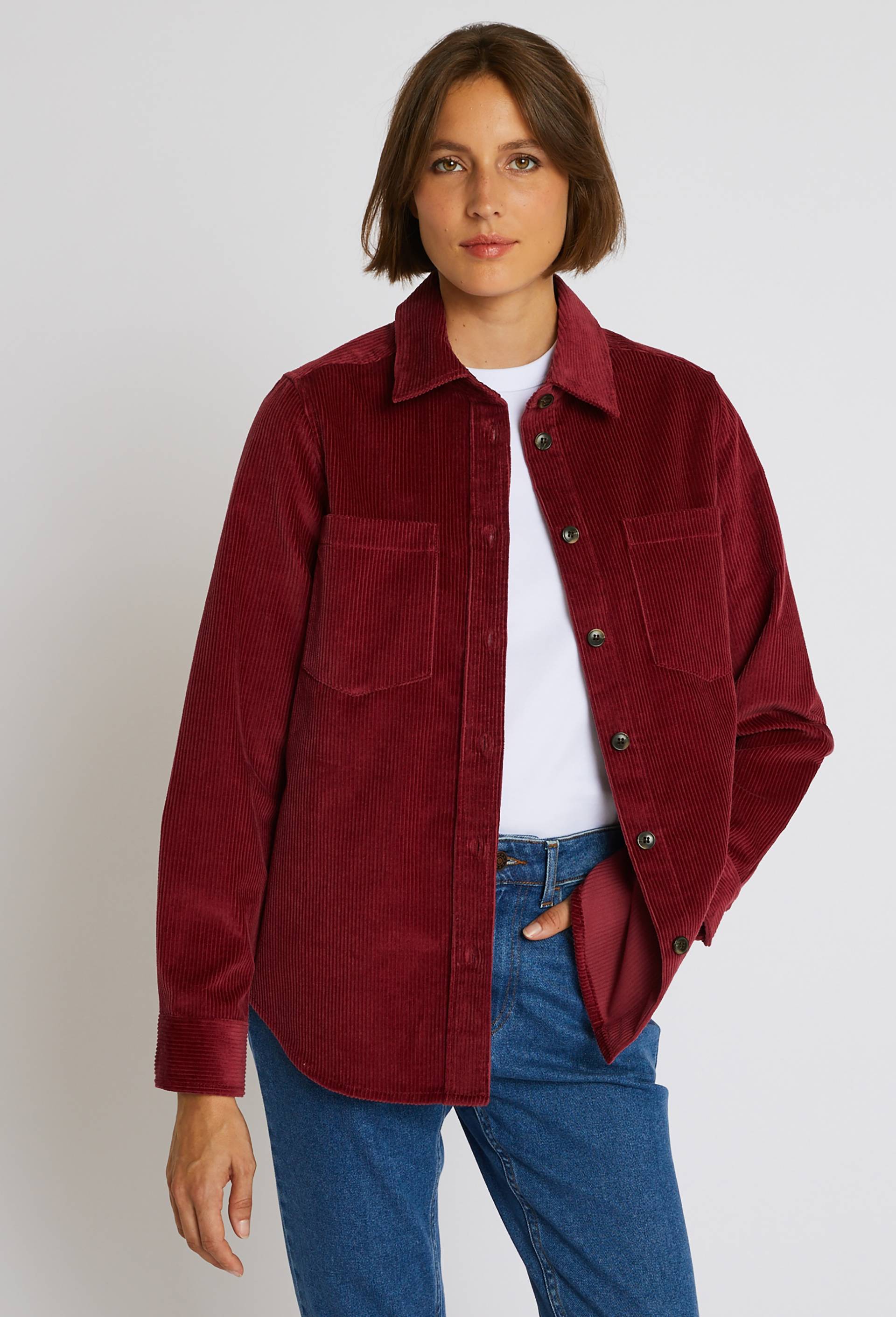 Chemise manches longues unie en velours, Rouge foncé, large image number 0