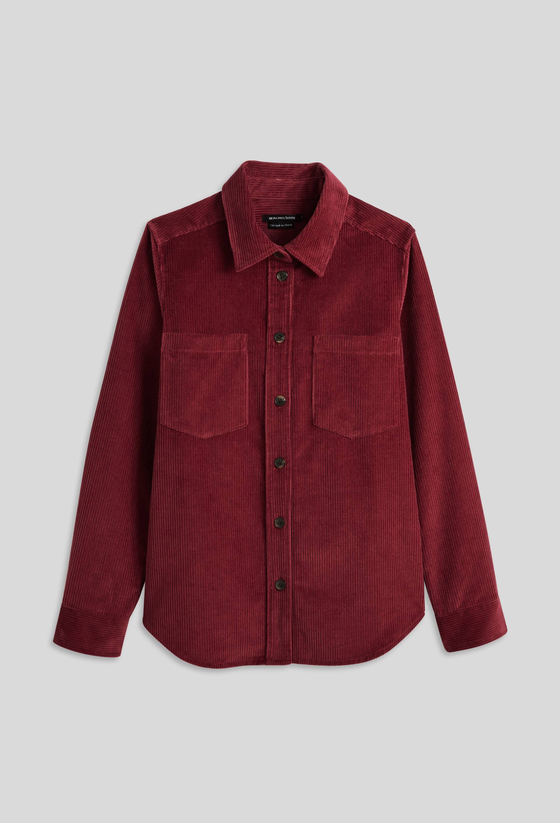 Chemise manches longues unie en velours, Rouge foncé, large image number 2.0
