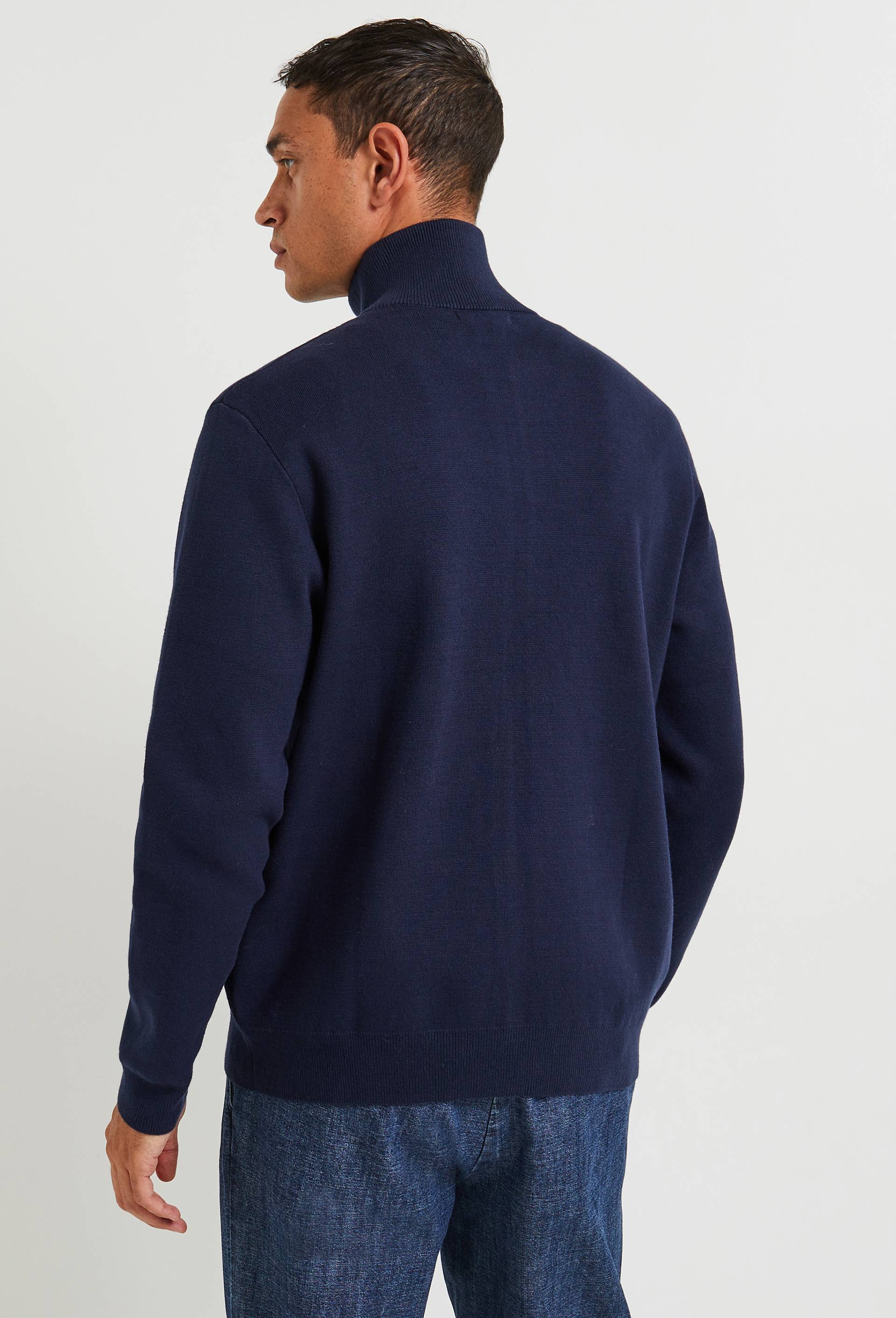 Gilet col montant zipp&eacute; en m&eacute;lange coton et cachemire, Bleu fonc&eacute;, large image number 1.0
