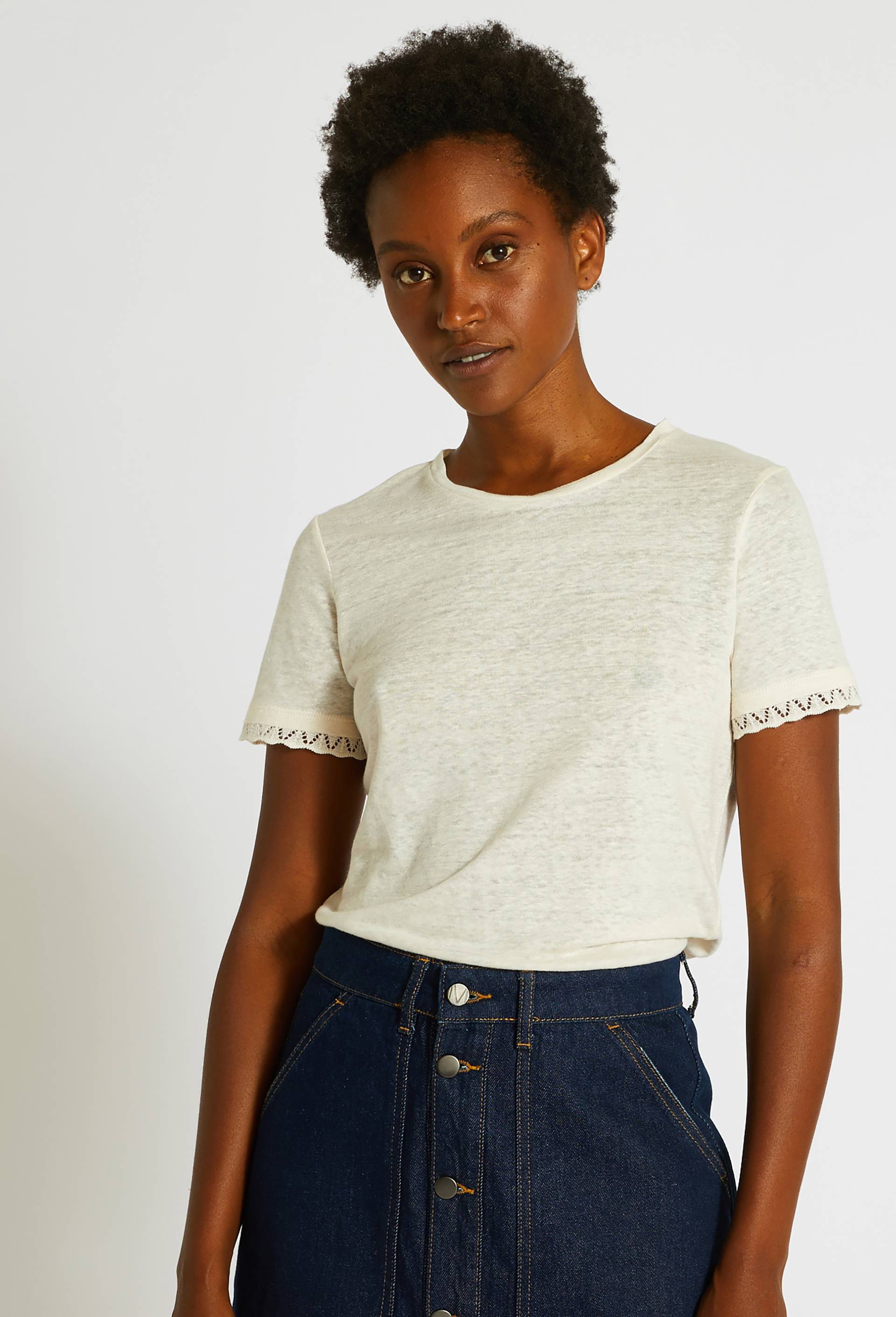 T-shirt en lin détail dentelle, Beige clair, large image number 0