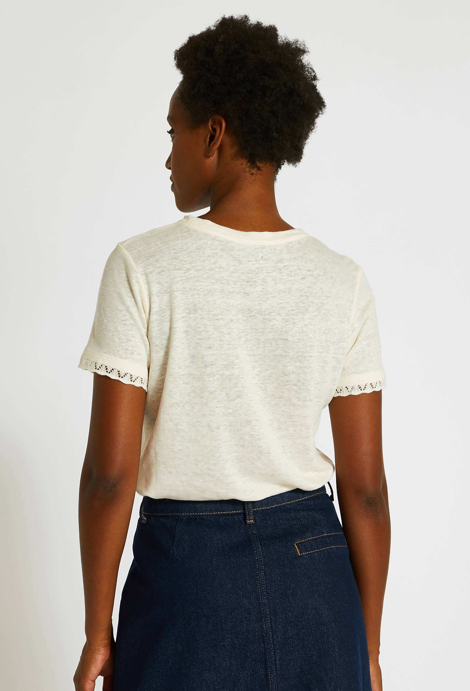 T-shirt en lin détail dentelle, Beige clair, large image number 1