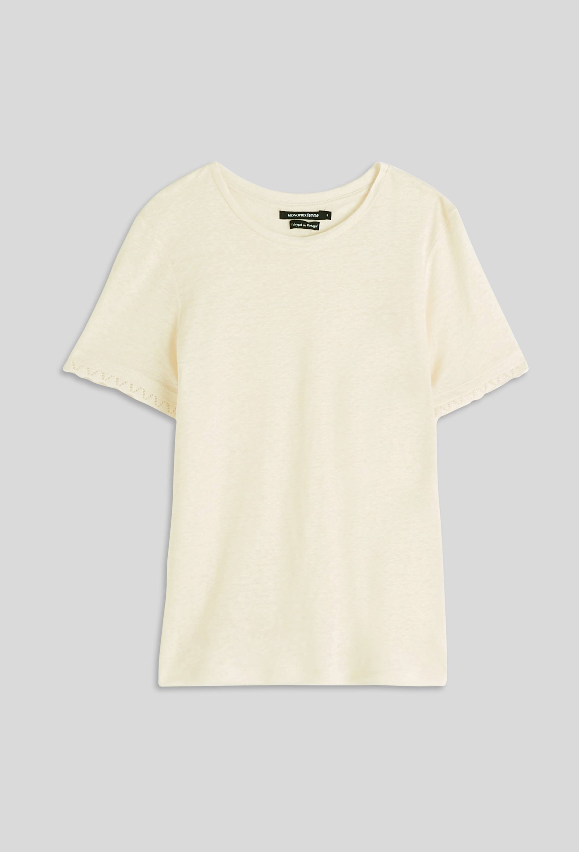 T-shirt en lin détail dentelle, Beige clair, large image number 2