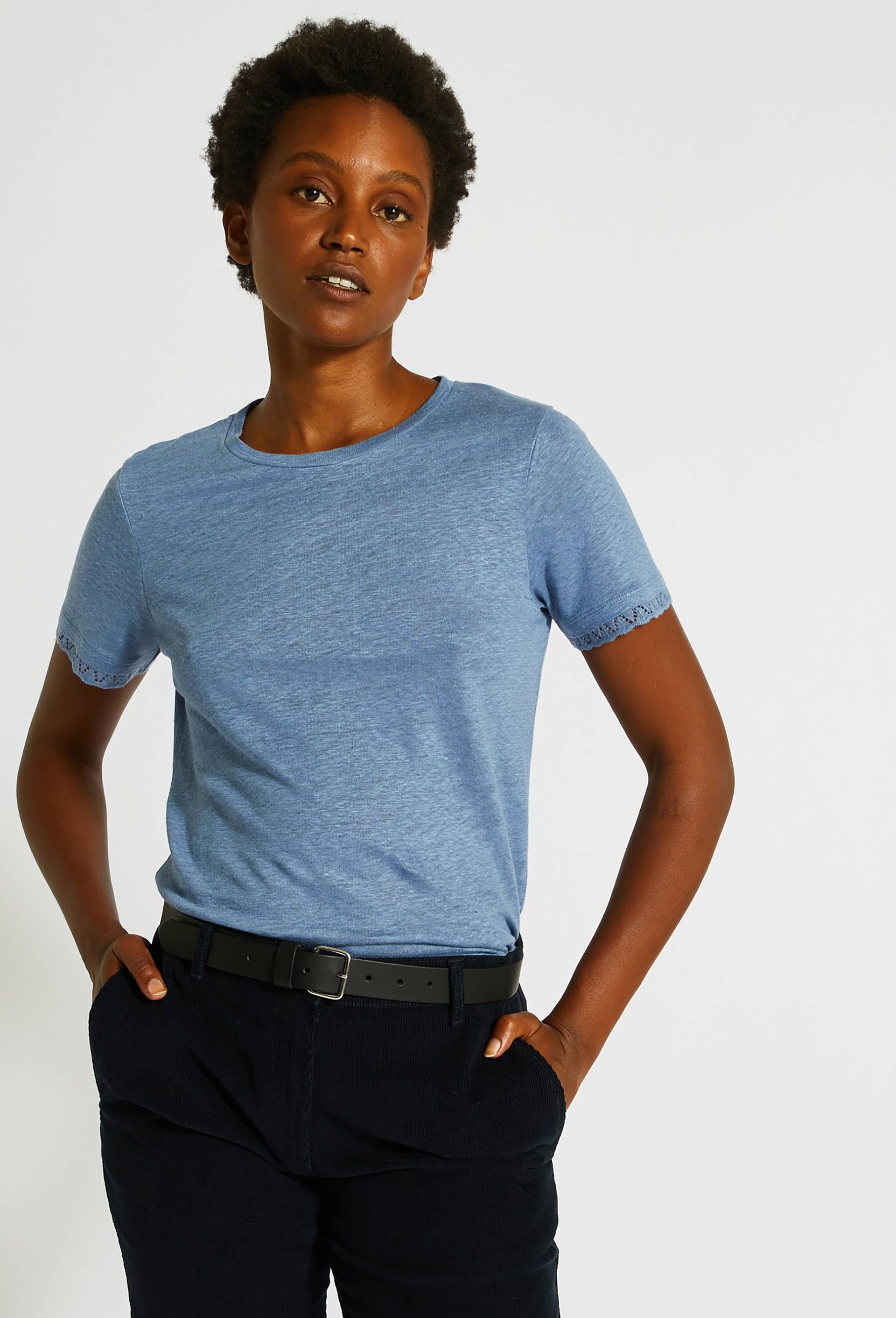 T-shirt en lin détail dentelle, BLEU, large image number 0