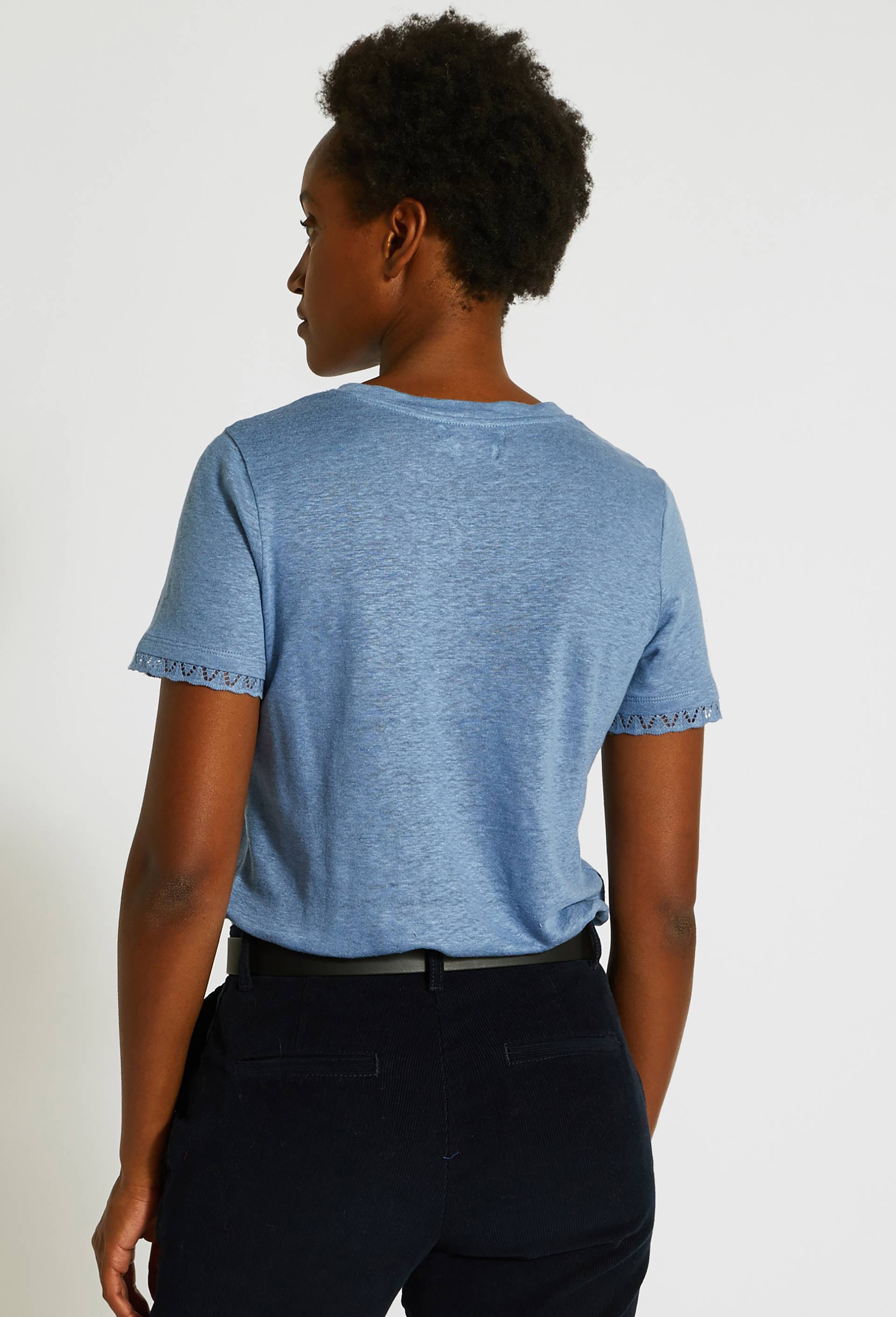T-shirt en lin détail dentelle, BLEU, large image number 1.0