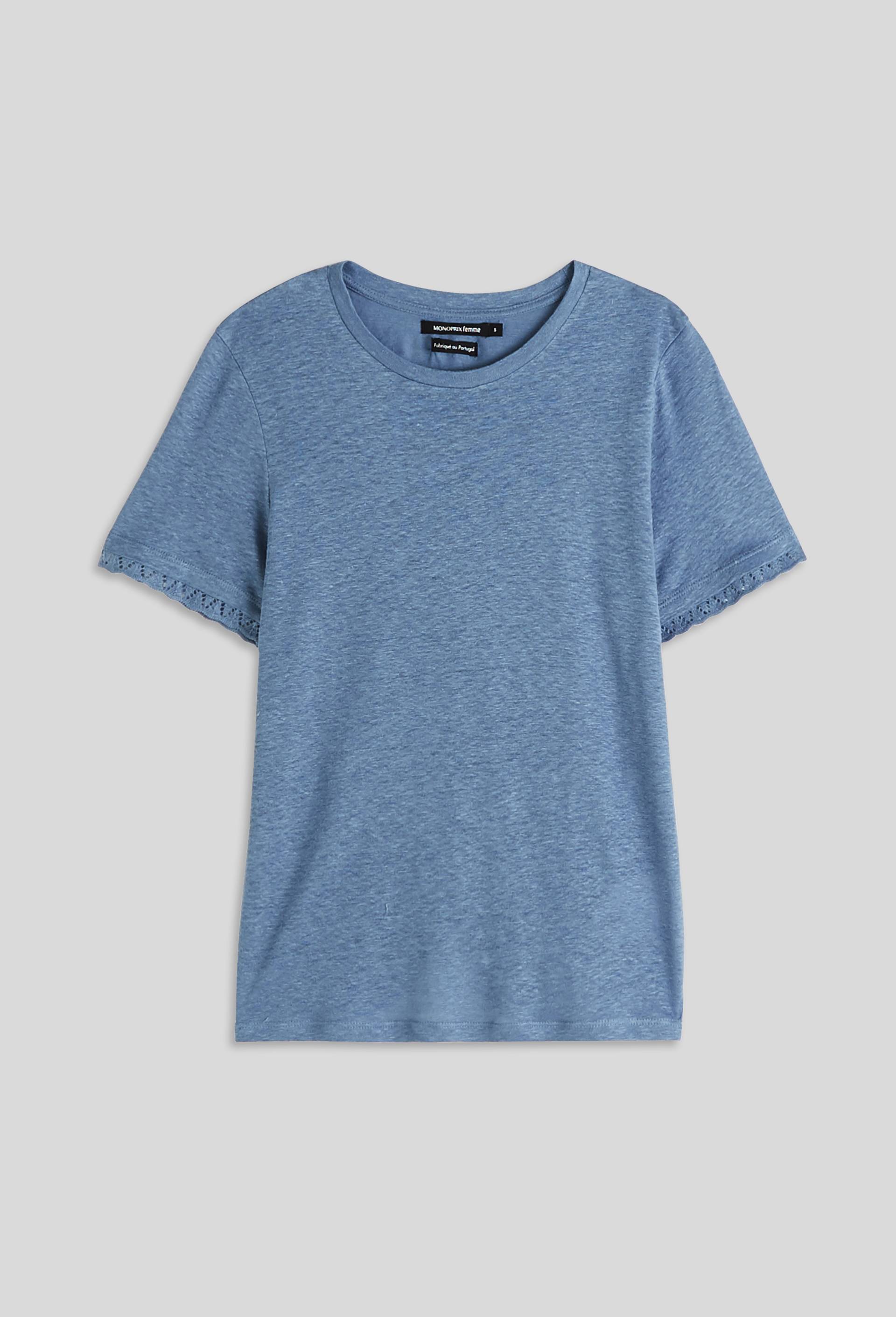T-shirt en lin détail dentelle, BLEU, large image number 2