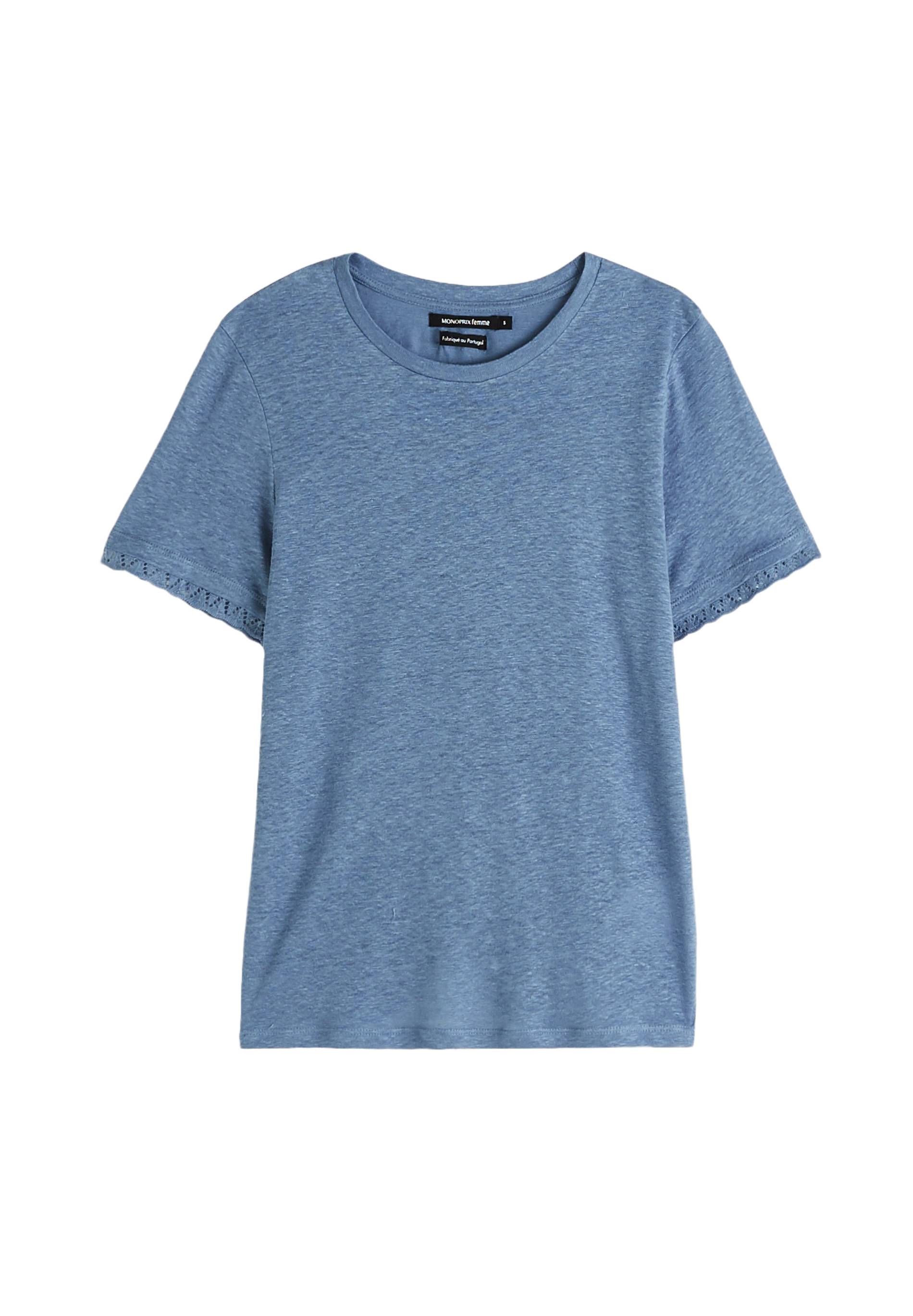 T-shirt en lin détail dentelle, BLEU, large image number 5