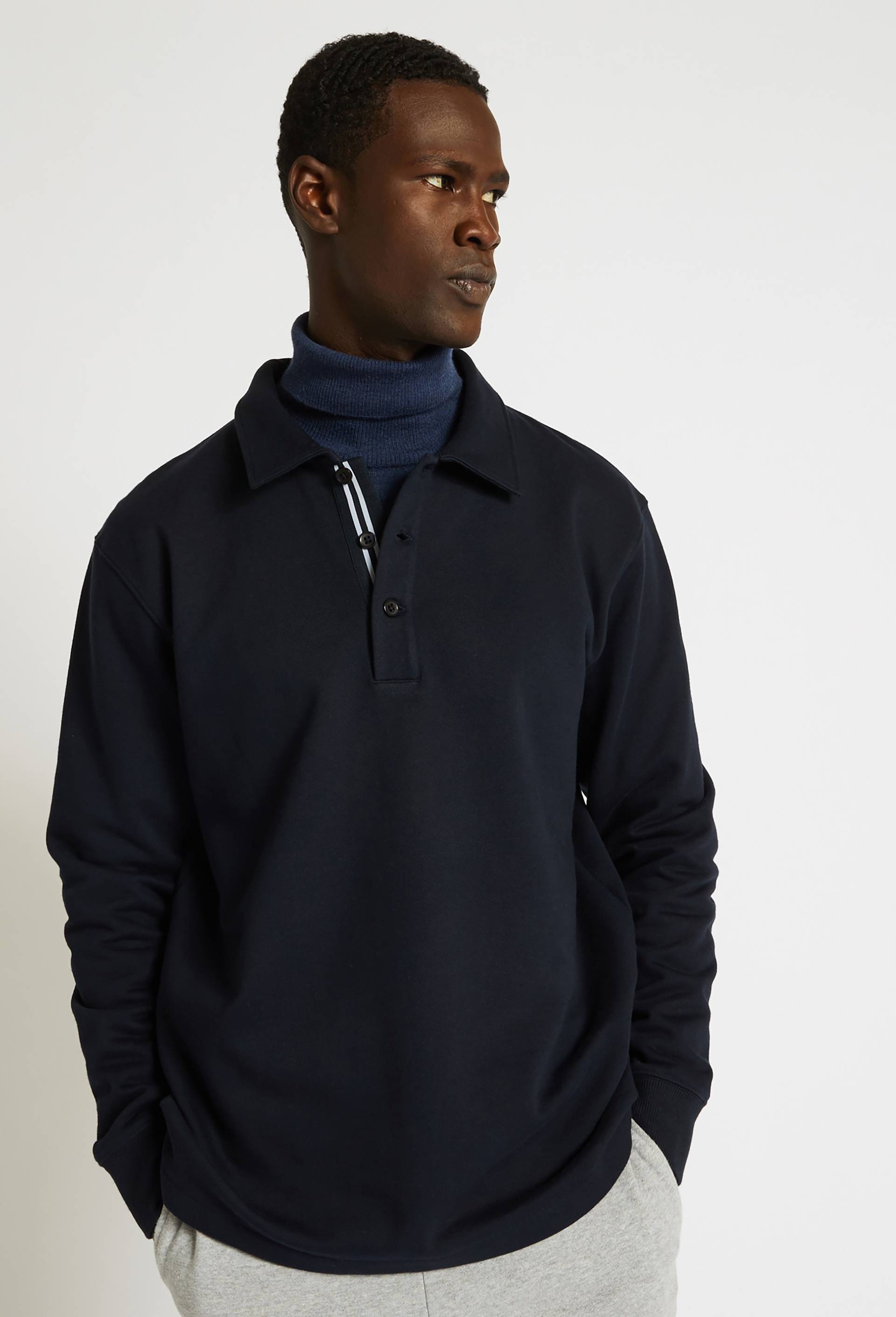 Pull molleton col polo, coton BIO, Bleu foncé, large image number 0