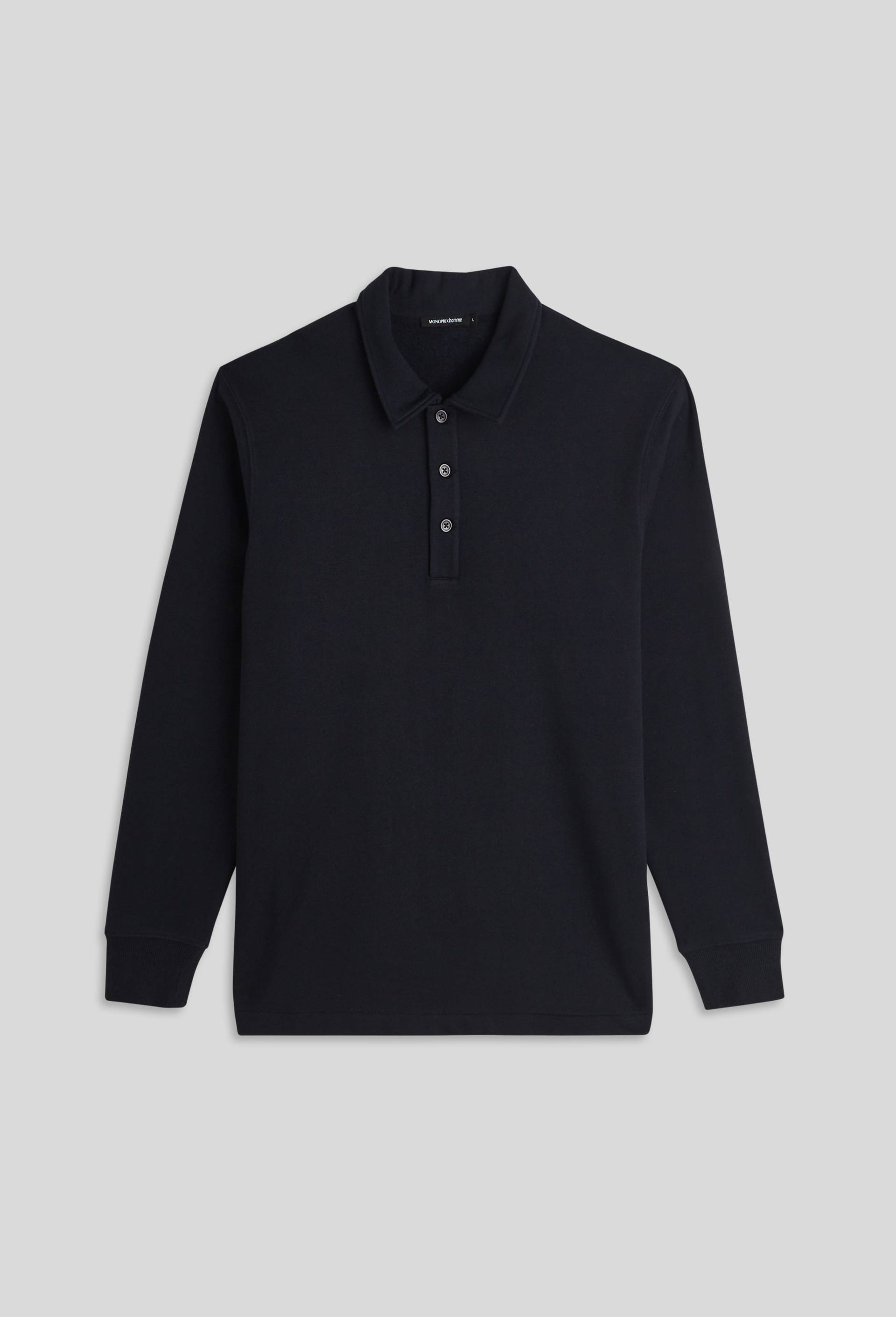 Pull molleton col polo, coton BIO, Bleu foncé, large image number 2.0
