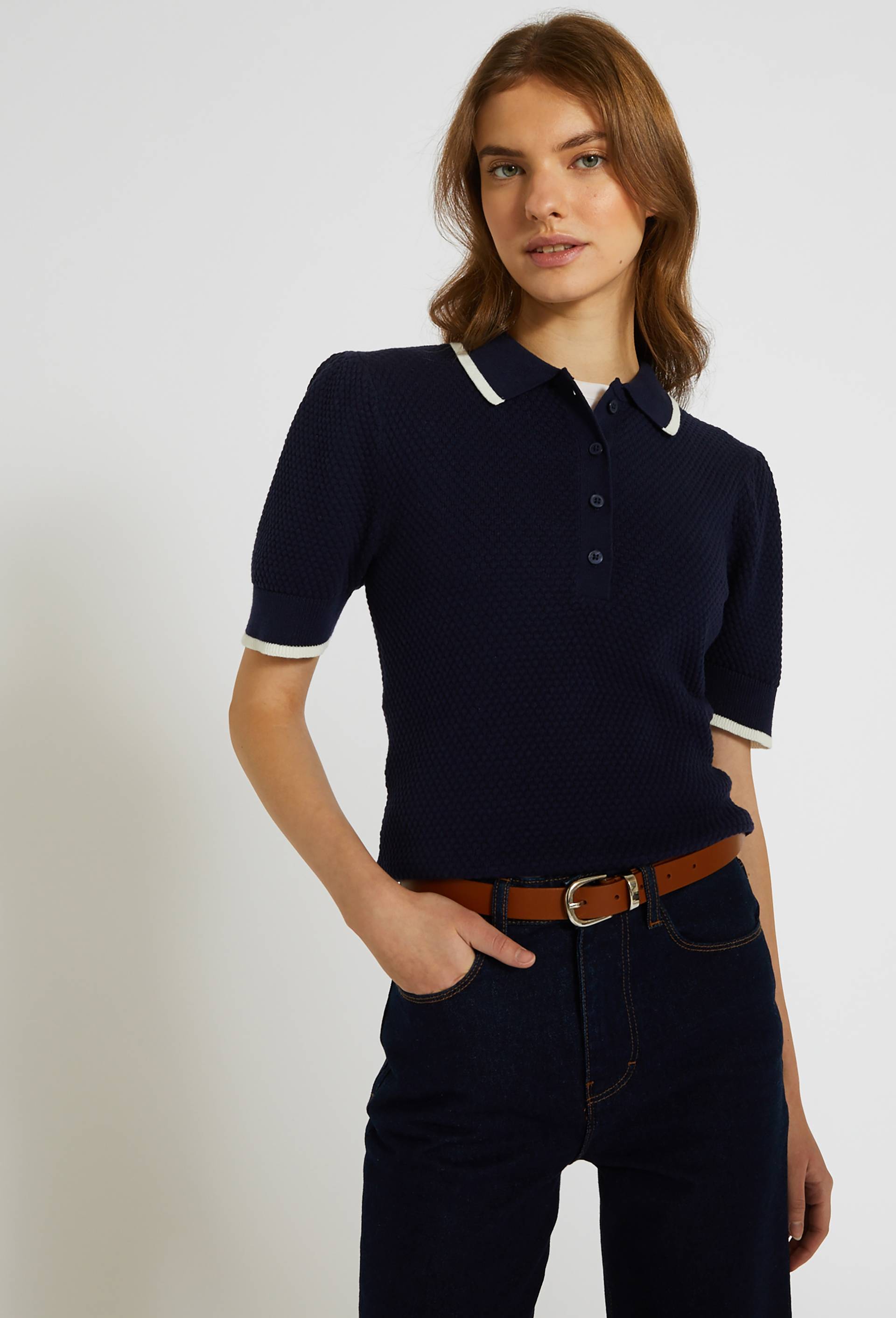 Pull col polo boutonné en coton, Oeko-Tex, Bleu foncé, large image number 0
