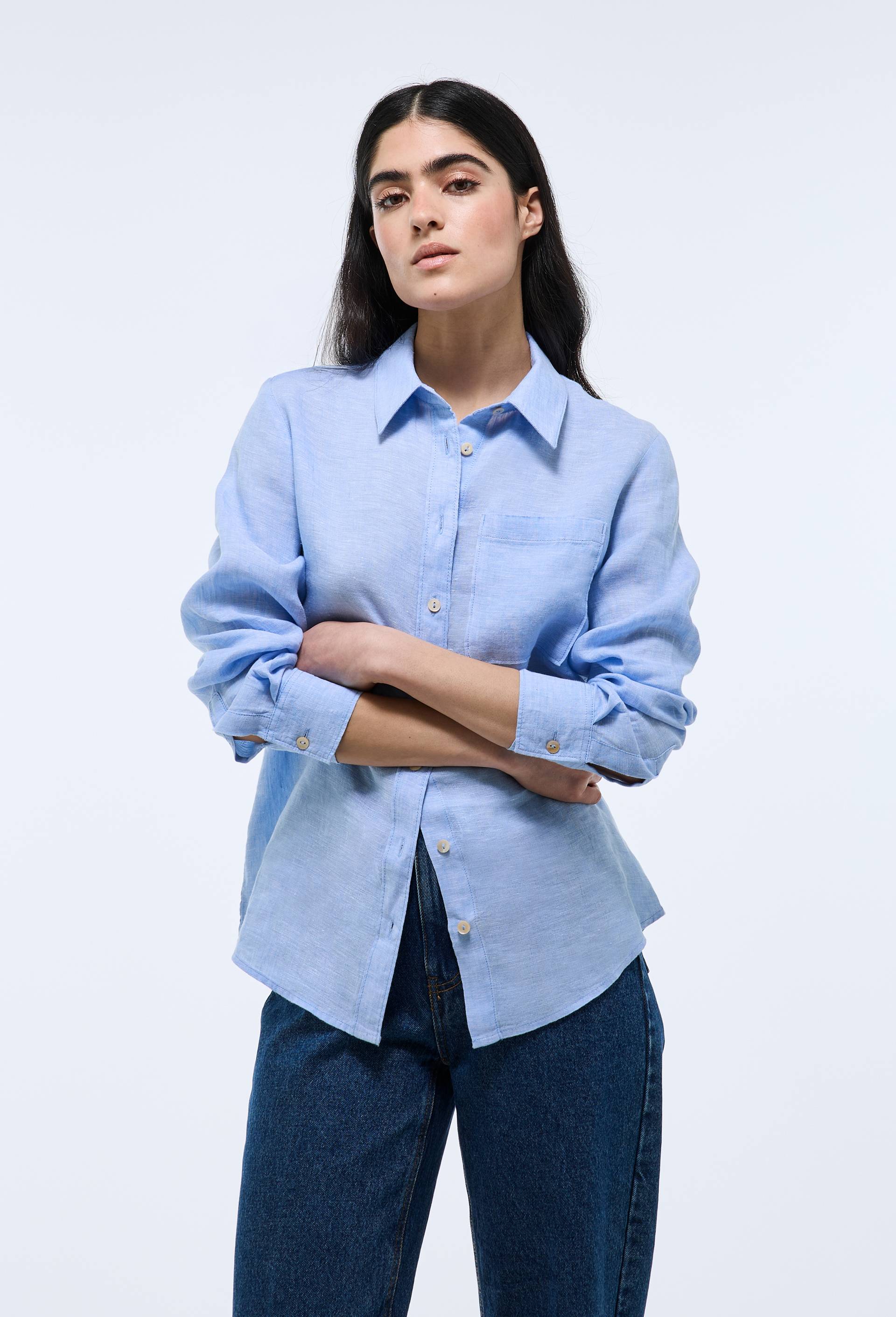 Chemise manches longues unie en lin, Bleu clair, large image number 0