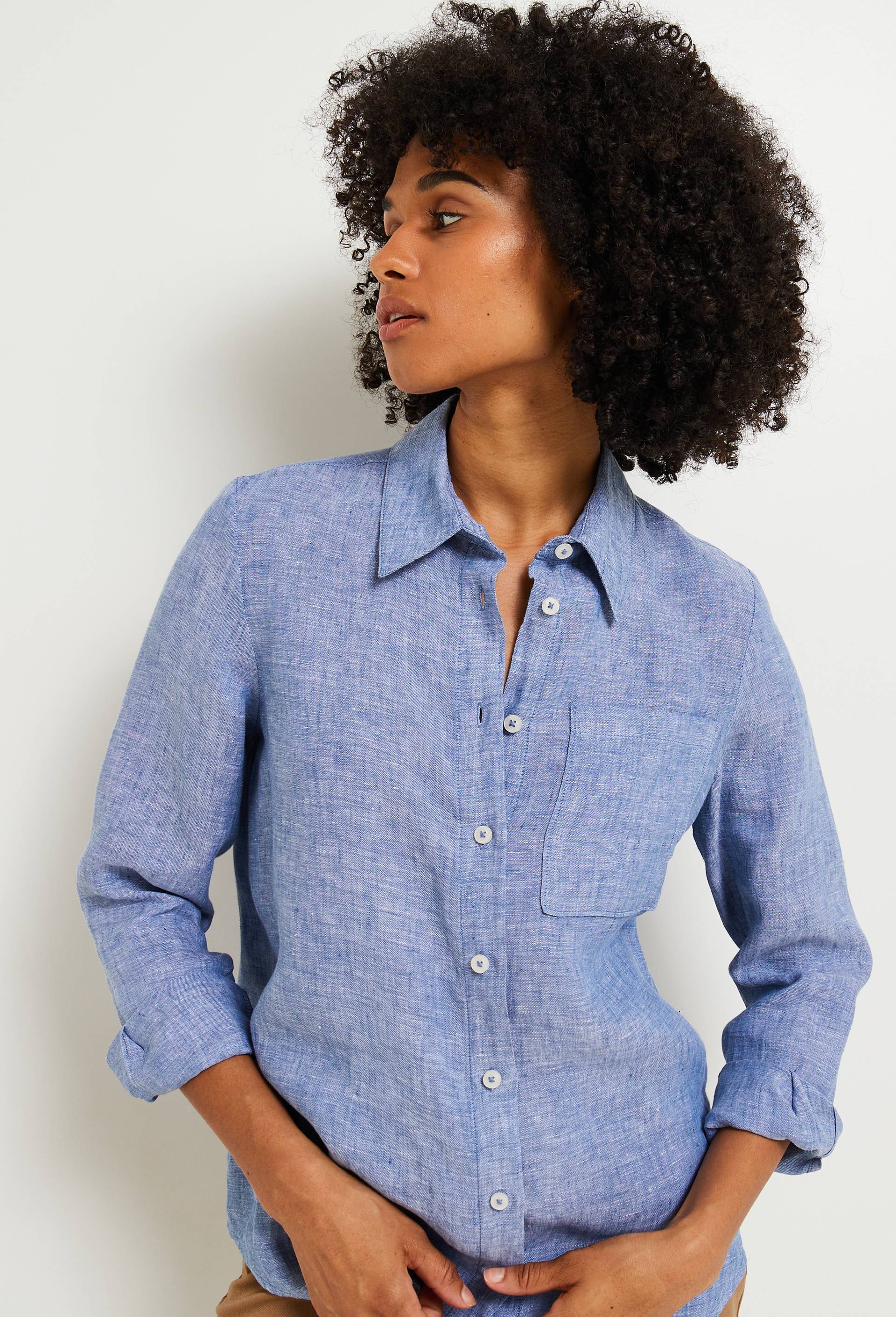Chemise manches longues unie en lin, BLEU, large image number 0.0