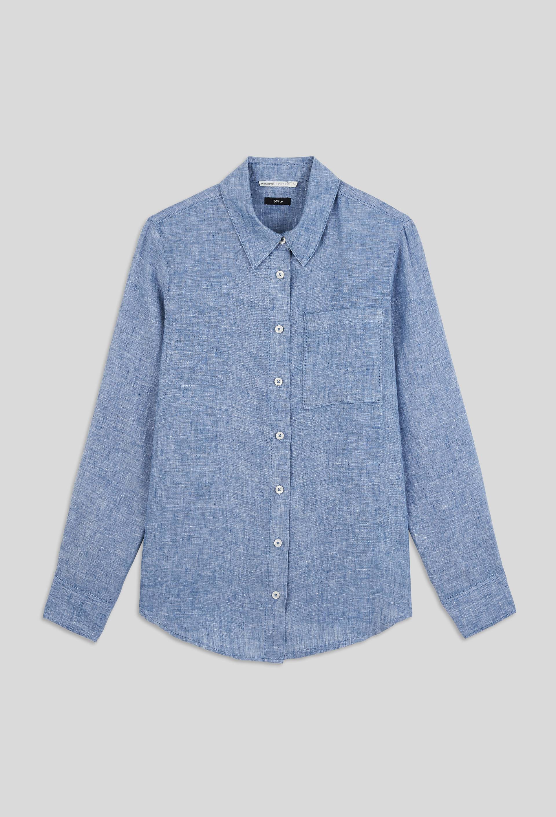 Chemise manches longues unie en lin, BLEU, large image number 2