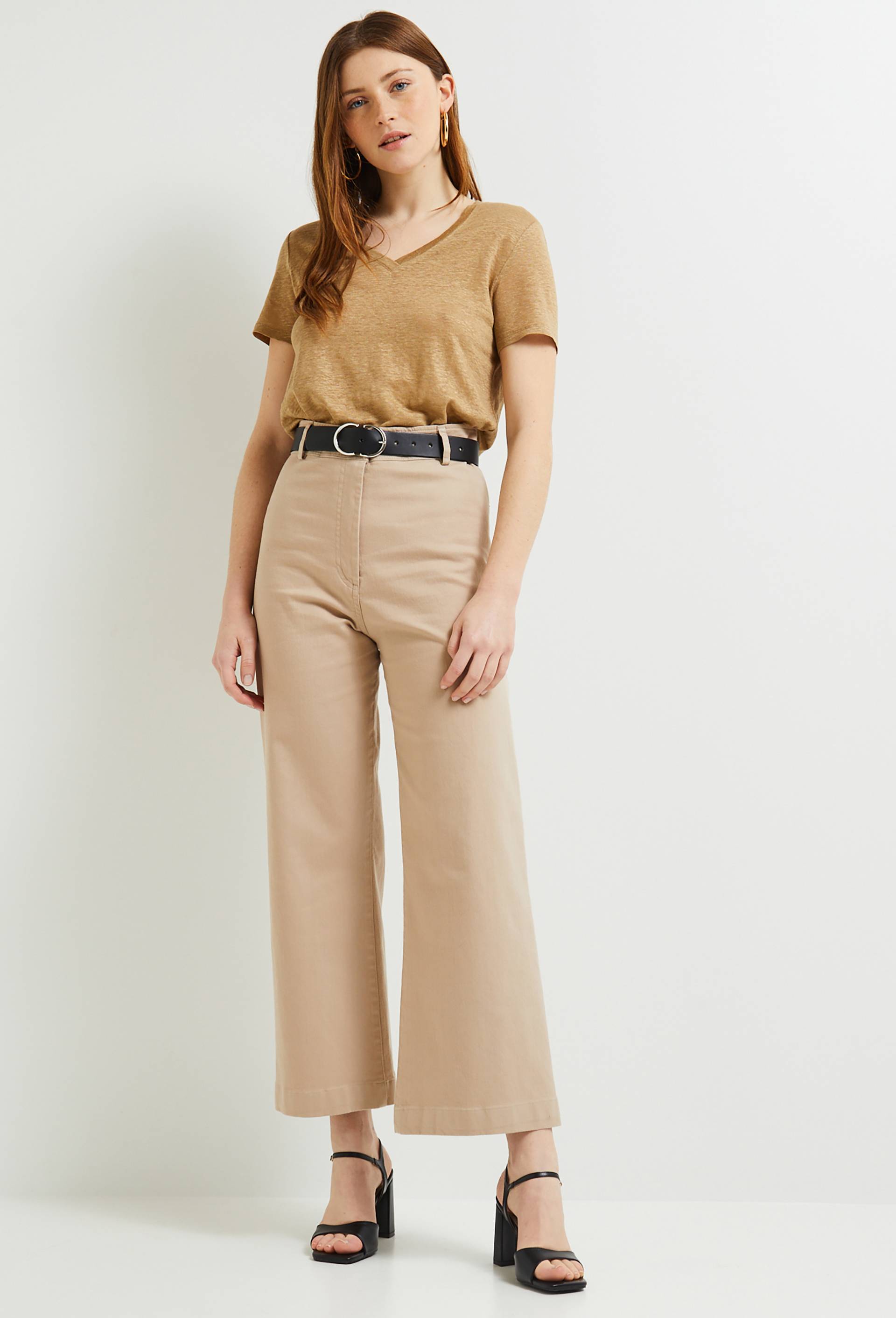 Pantalon large taille haute contenant du coton, Beige clair, large image number 0.0