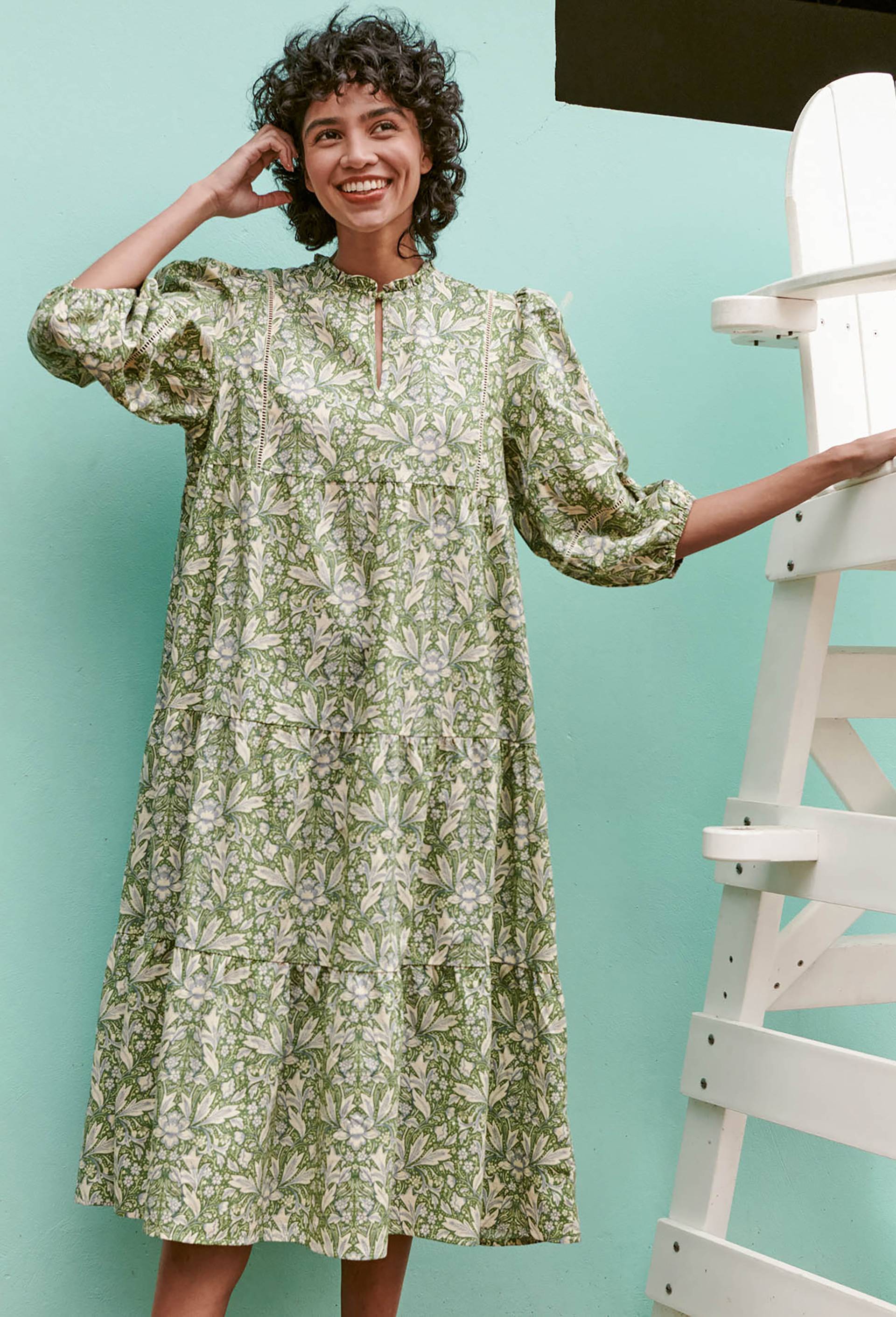 Robe ample mi mollet contenant du lin, Vert, large image number 0