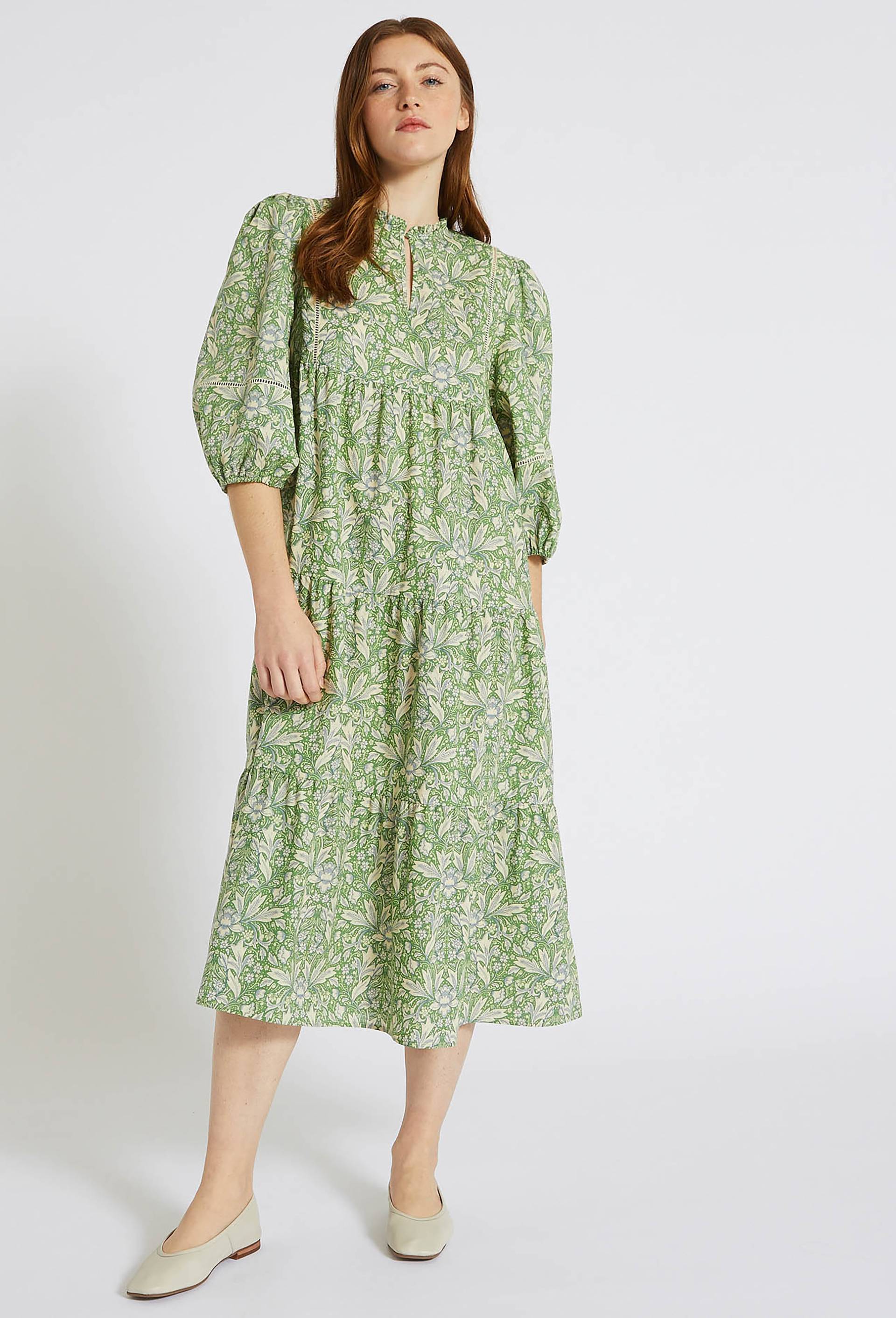 Robe ample mi mollet contenant du lin, Vert, large image number 1