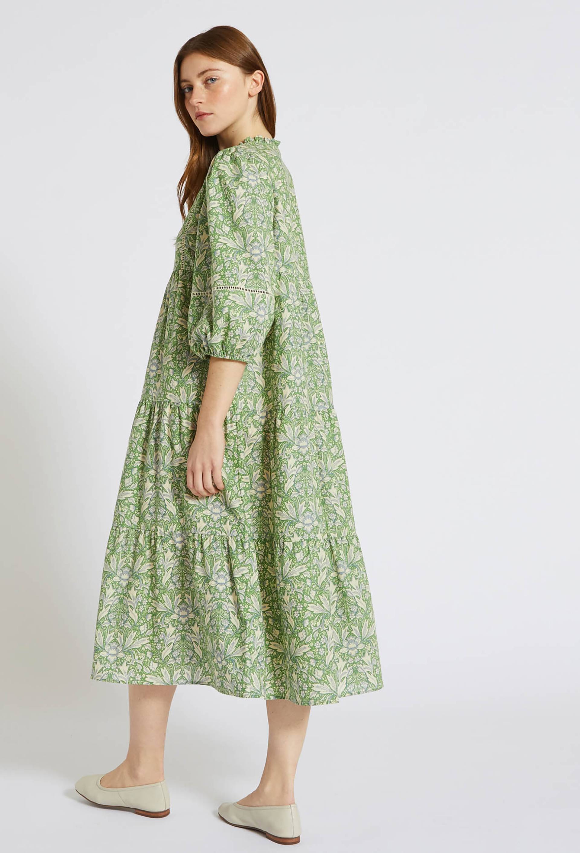 Robe ample mi mollet contenant du lin, Vert, large image number 3