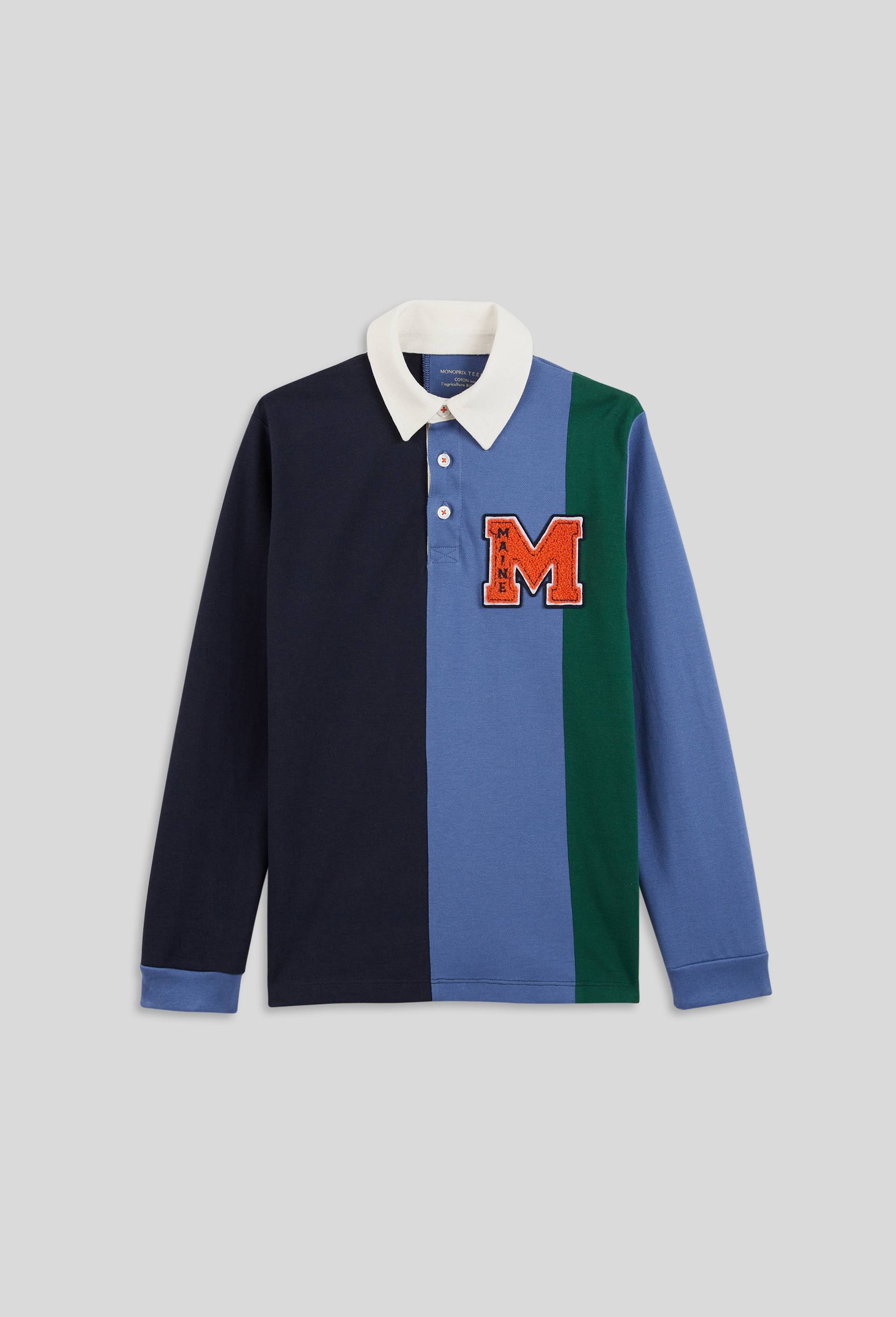 Polo manches longues bandes tricolores patch bouclette poitrine, BIO, Bleu foncé, large image number 1