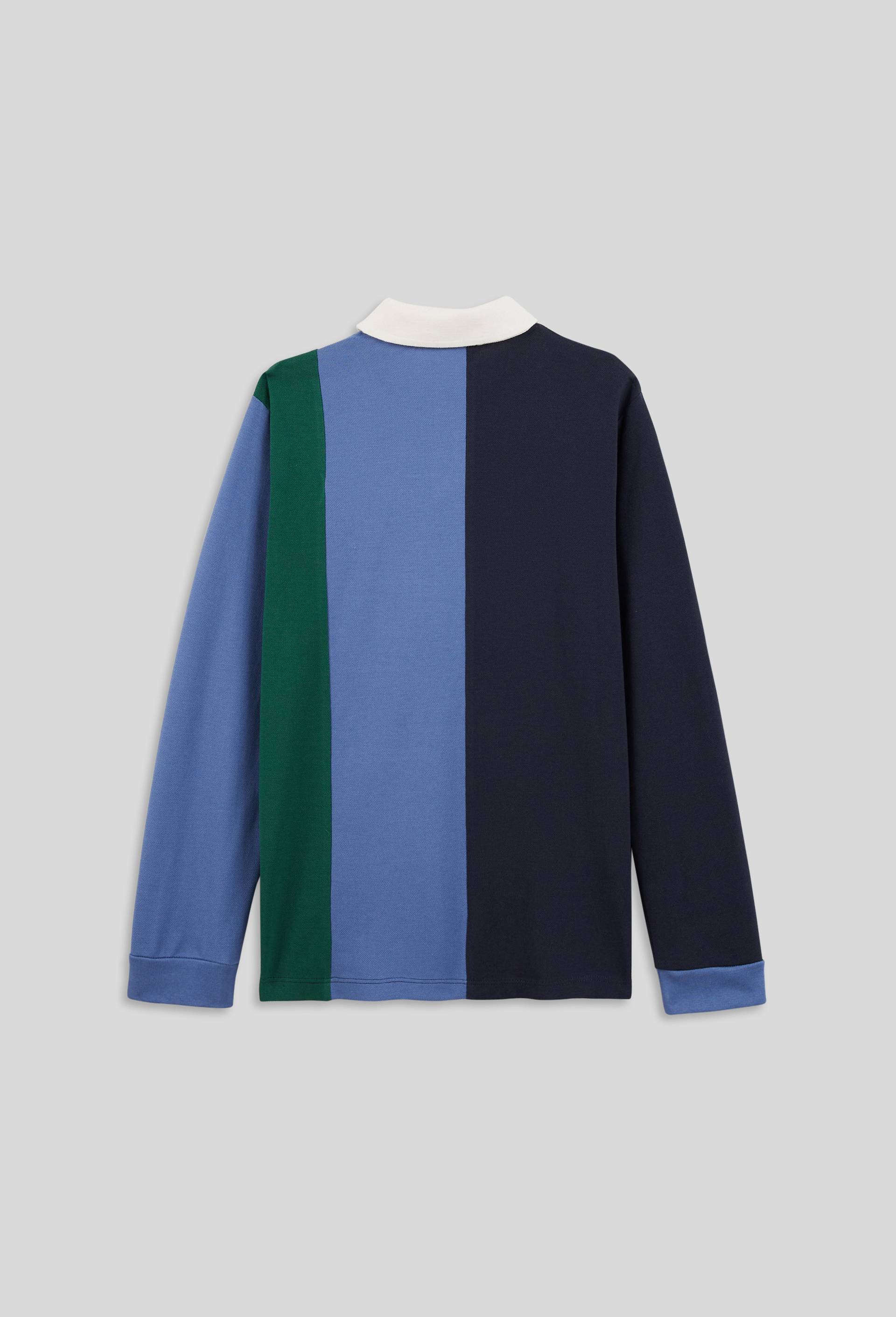 Polo manches longues bandes tricolores patch bouclette poitrine, BIO, Bleu foncé, large image number 2