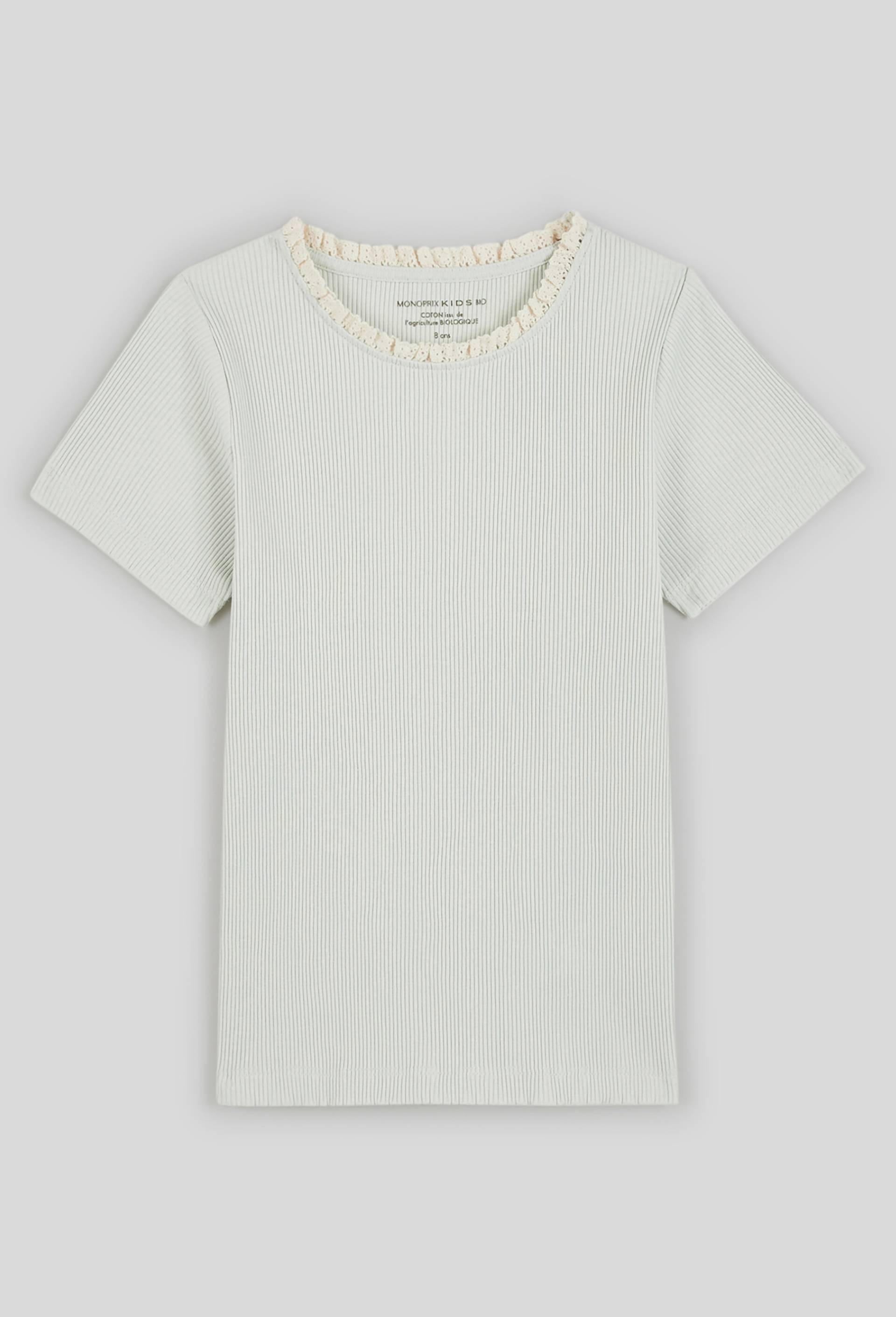 T-shirt manches courtes côtelé détail col, coton BIO, Vert clair, large image number 0.0