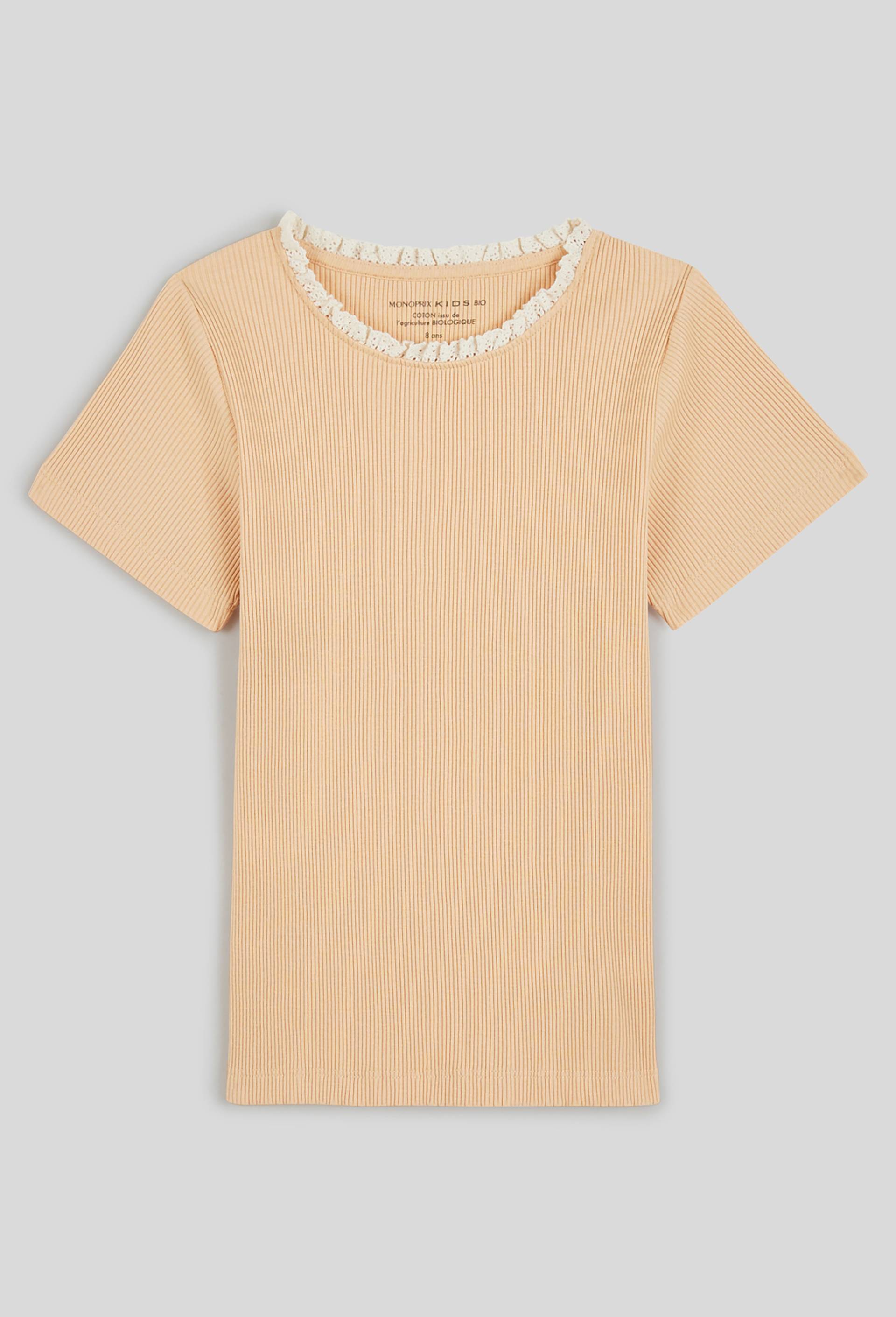 T-shirt manches courtes côtelé détail col, coton BIO, Beige clair, large image number 0