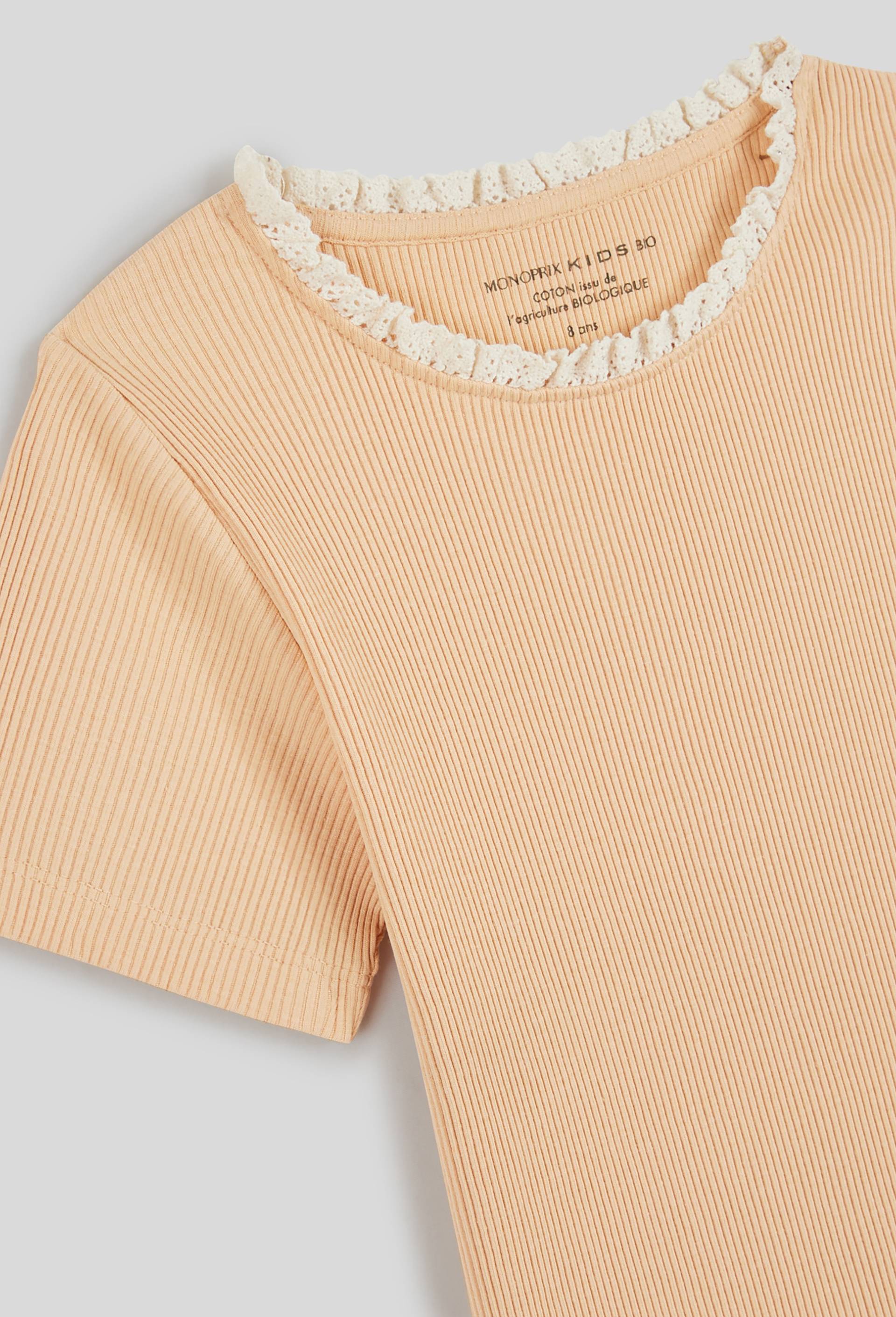 T-shirt manches courtes côtelé détail col, coton BIO, Beige clair, large image number 2.0