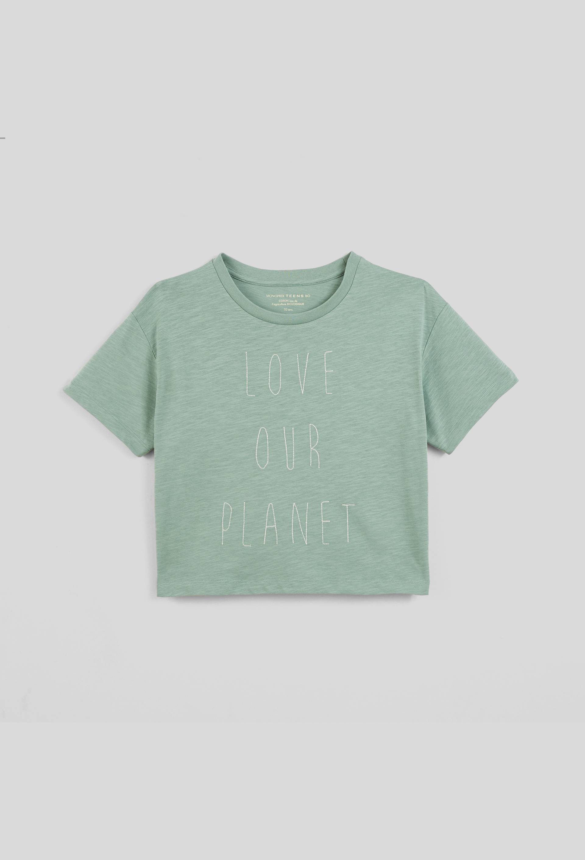T-shirt manches courtes brodé, coton BIO, Vert foncé, large image number 1.0