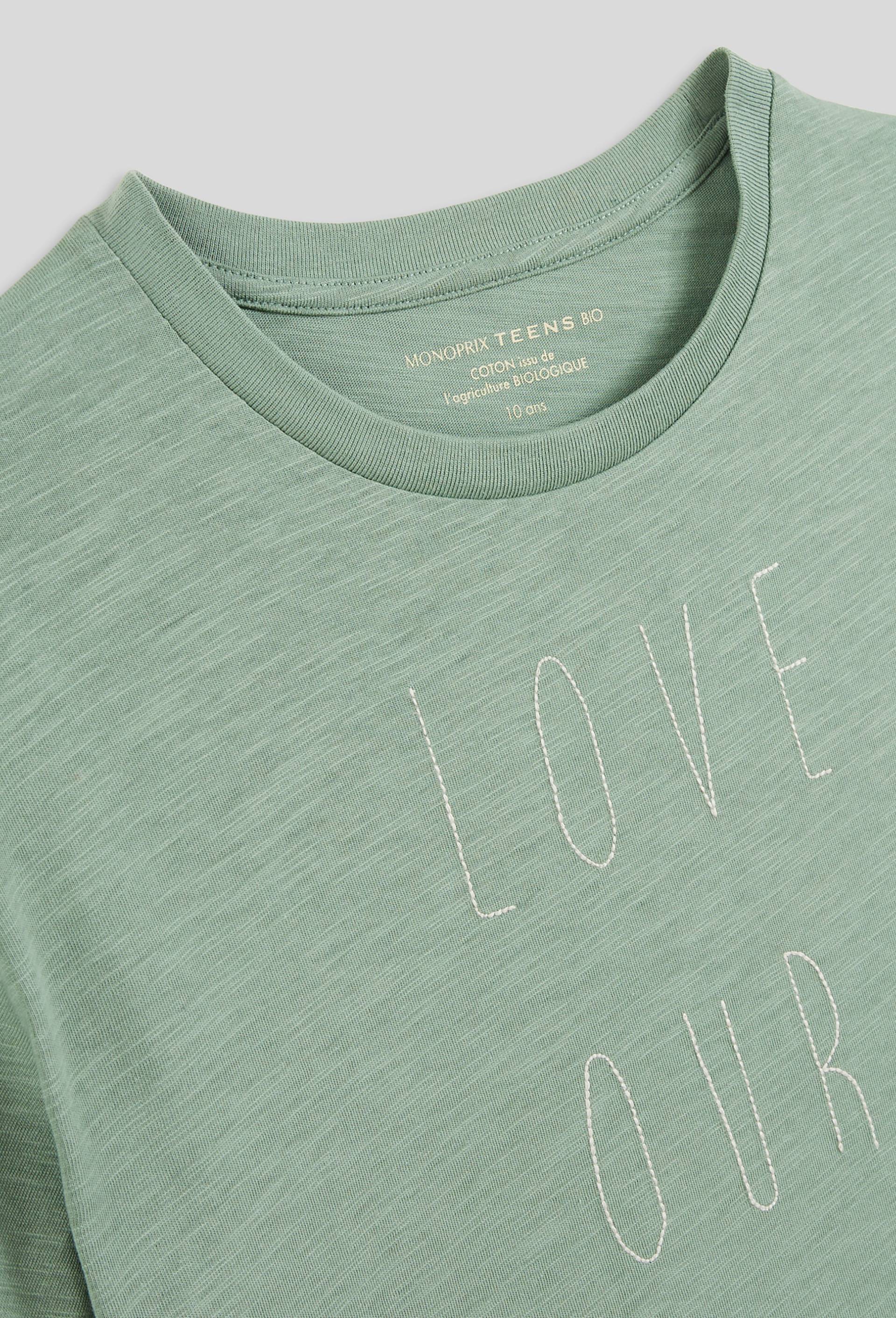T-shirt manches courtes brodé, coton BIO, Vert foncé, large image number 3