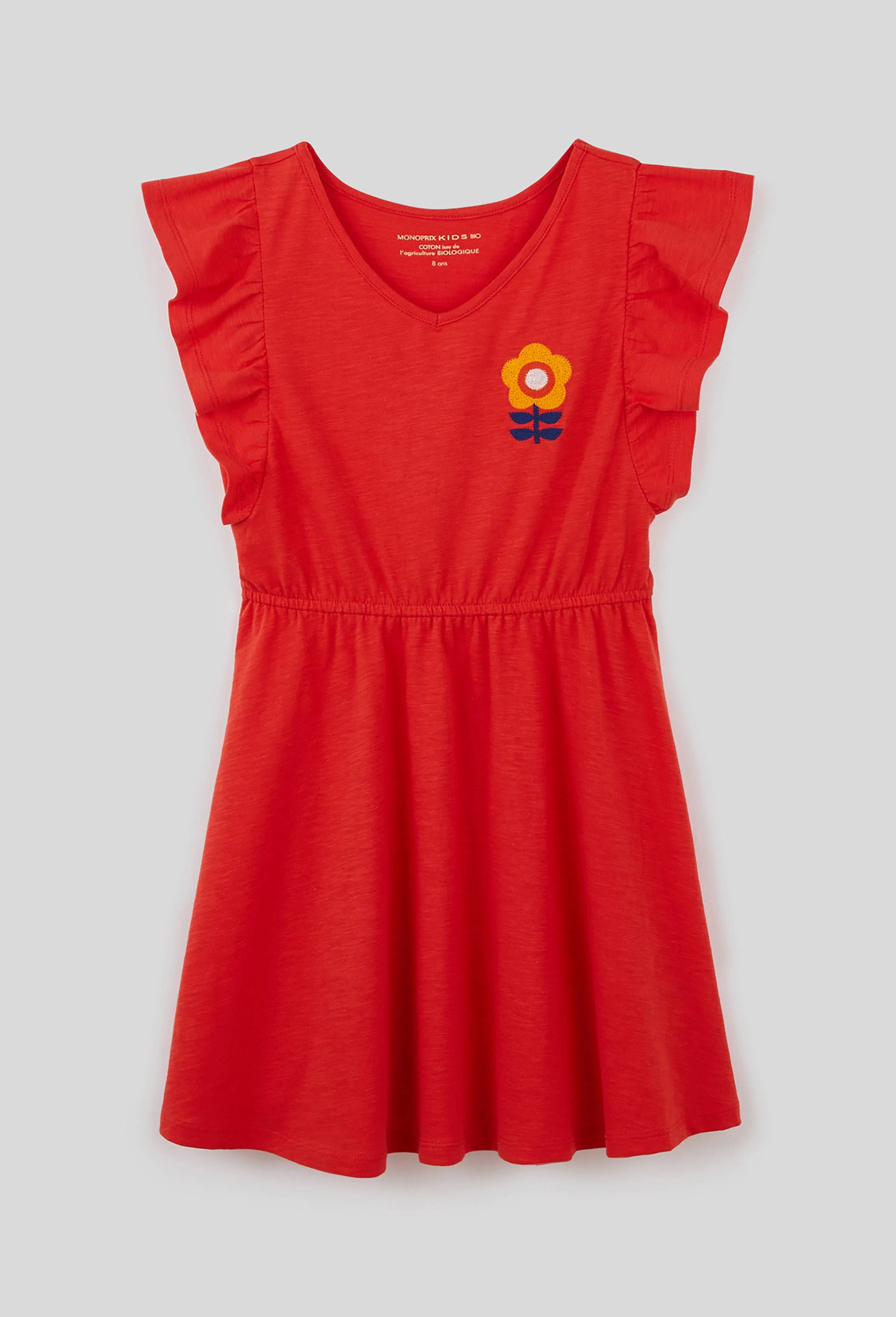Robe en jersey fleur brodée, coton BIO, Rouge, large image number 0