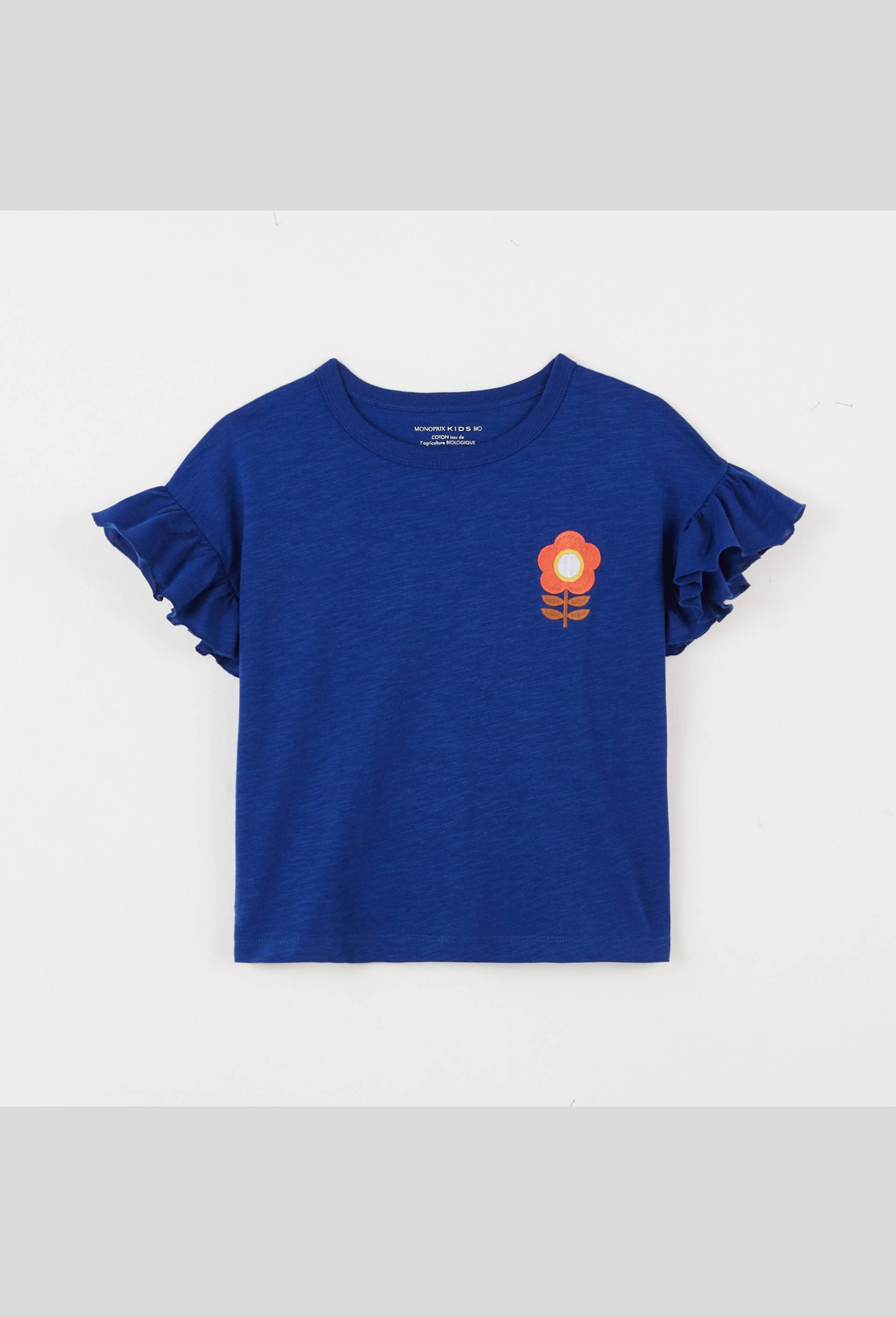 T-shirt fleur brodée, coton BIO, Bleu, large image number 0
