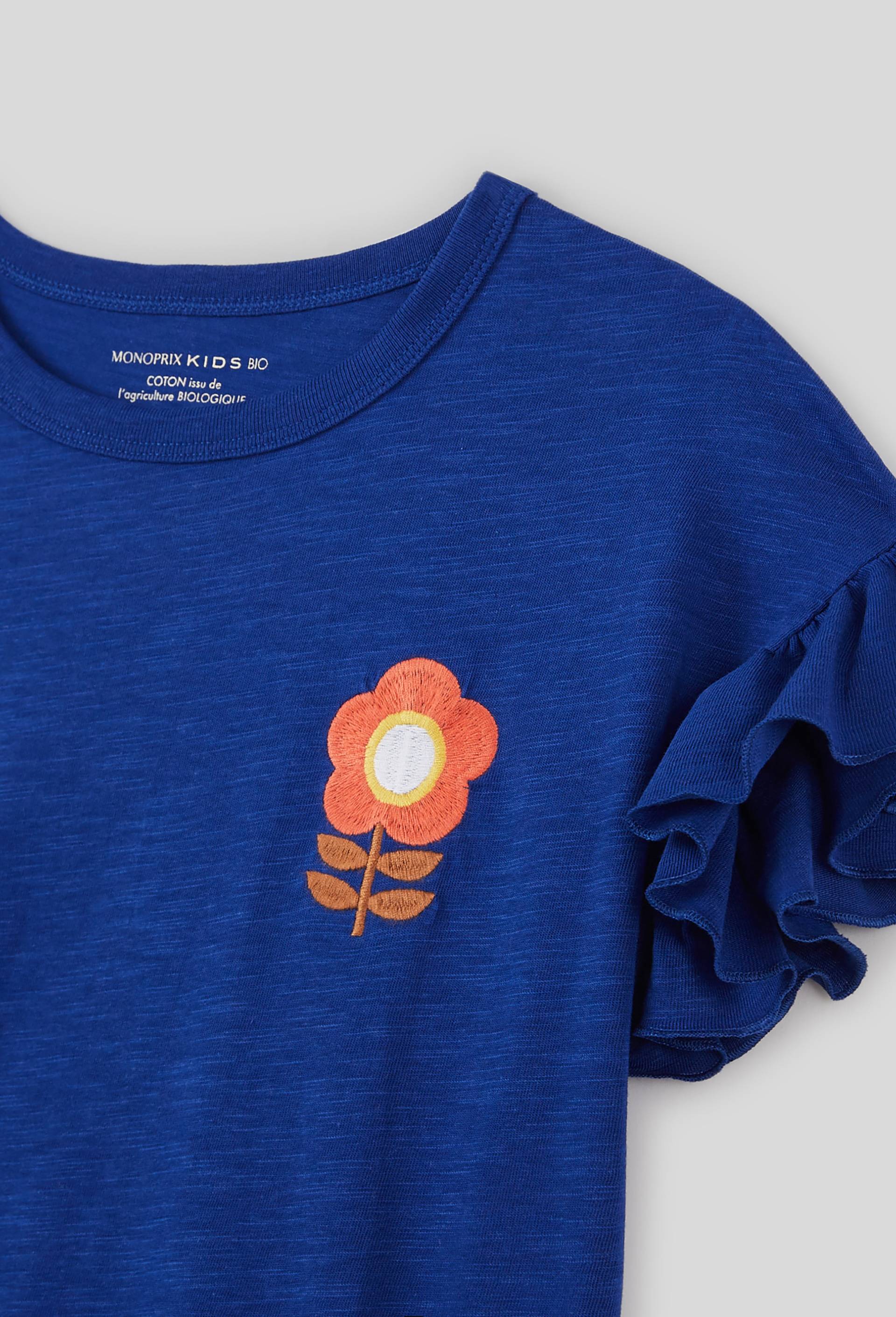 T-shirt fleur brodée, coton BIO, Bleu, large image number 2.0