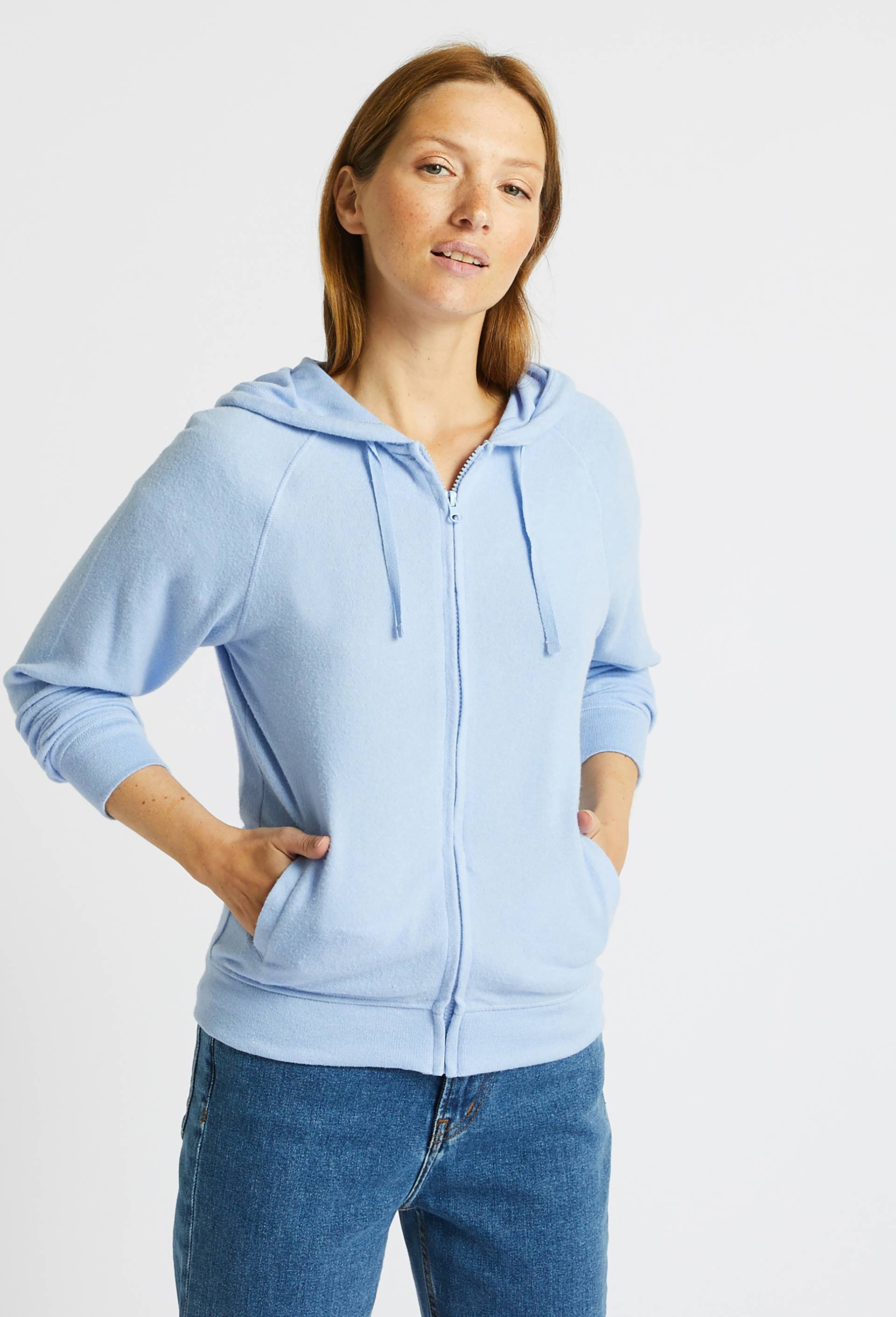 Sweat zippé à capuche doudou, Bleu, large image number 0