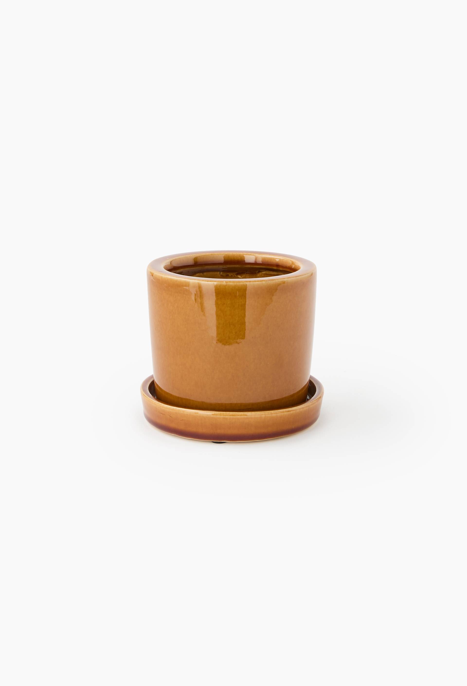 Cache-pot et soucoupe, 14x12cm, en c&eacute;ramique, Brun, large image number 0
